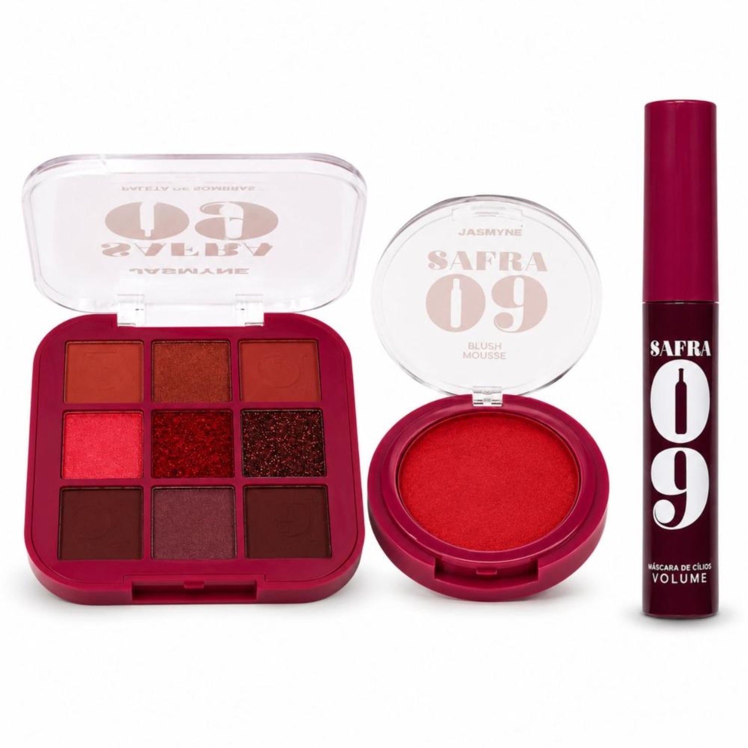 Kit Jasmyne Safra 09: Paleta De Sombras, Blush Vermelho, E Máscara