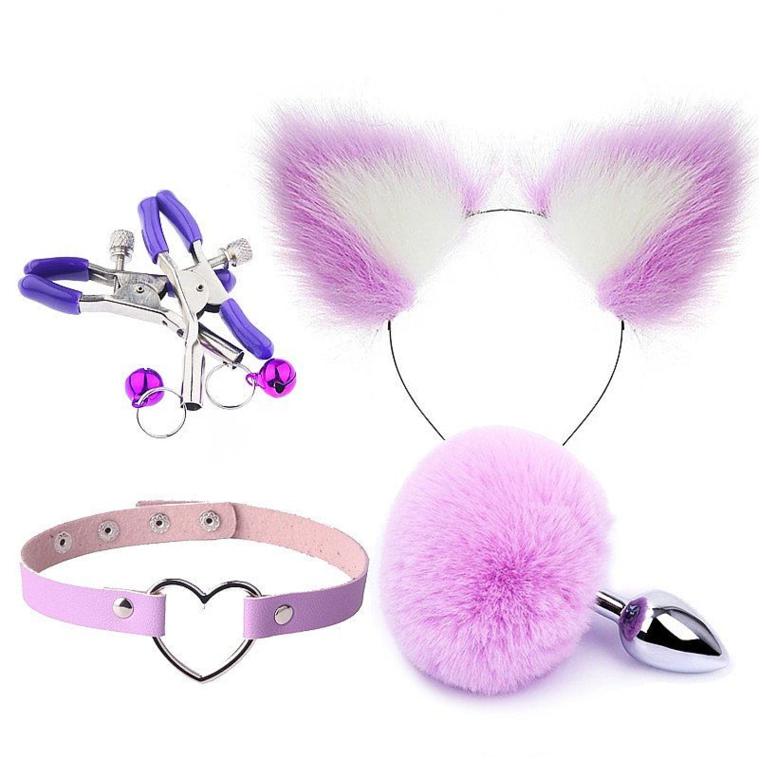 Kit Rabo de Coelho Pompom com Tiara de Orelhas Prendedor de Mamilos e Gargantilha