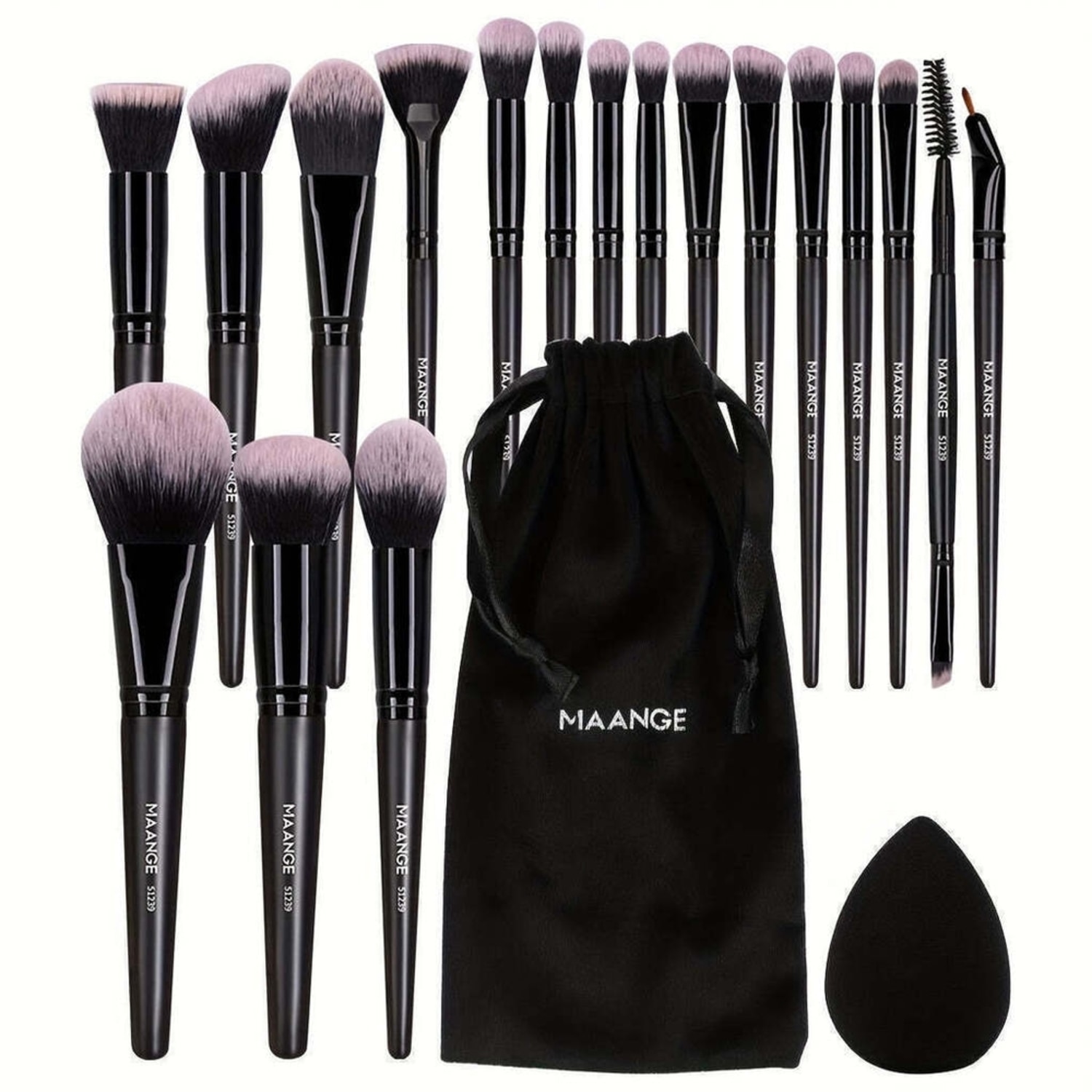 Kit Profissional MAANGE 20 Pincéis de Maquiagem Bolsa Veludo e Esponja Preto