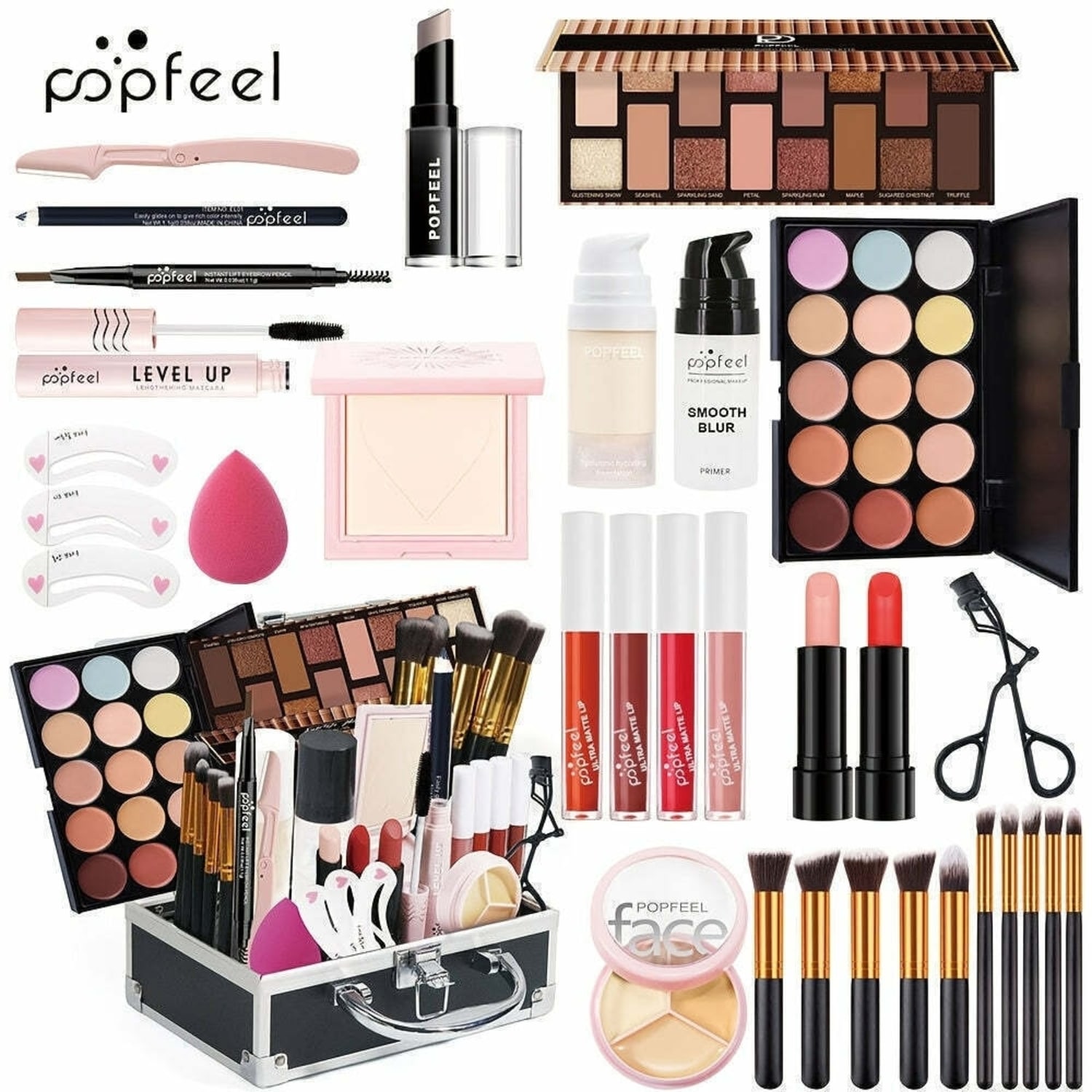 Kit de Maquiagem Completo POPFEEL com sombras, blushes, bastões, pincéis KIT102A