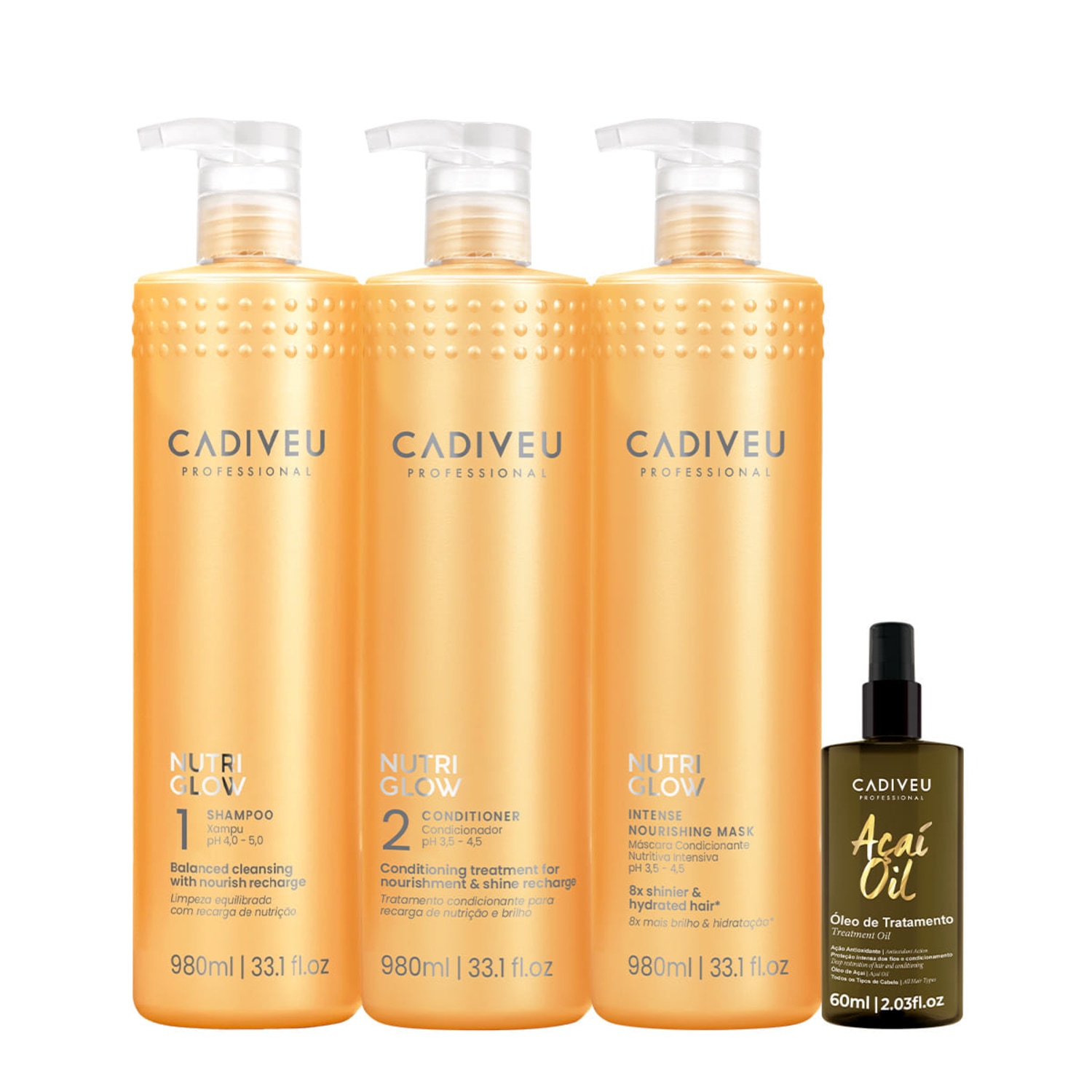 Kit Cadiveu Professional Nutri Glow Shampoo Condicionador Máscara G e Açaí Oil 60 (4 produtos)