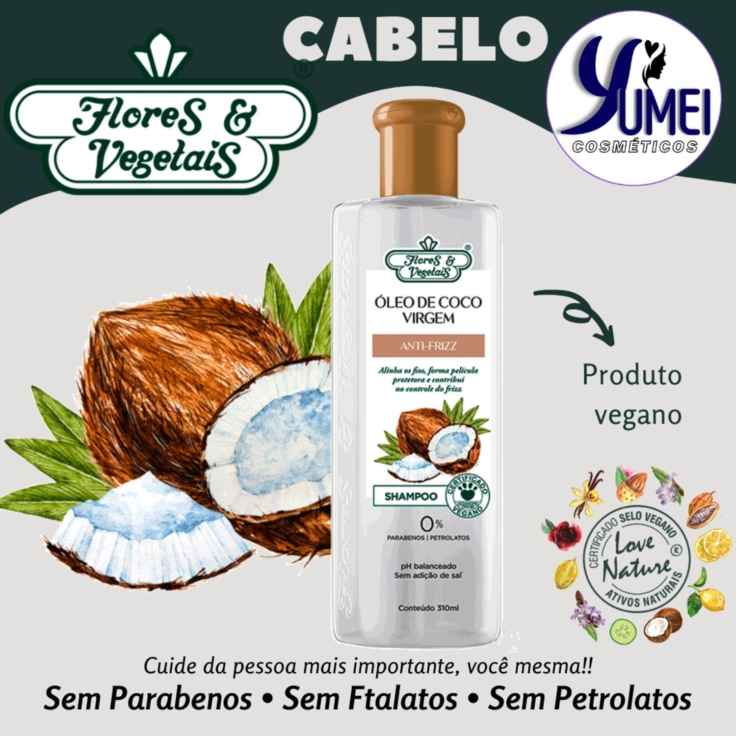 Shampoo Óleo De Coco Virgem Anti-frizz Flores e Vegetais 310ml