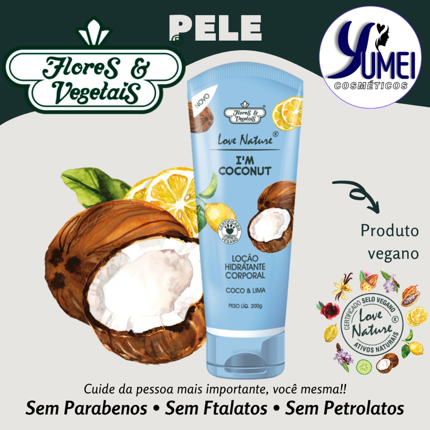 Loção Hidratante Corporal Coco e Lima Love Nature® Flores e Vegetais 200g