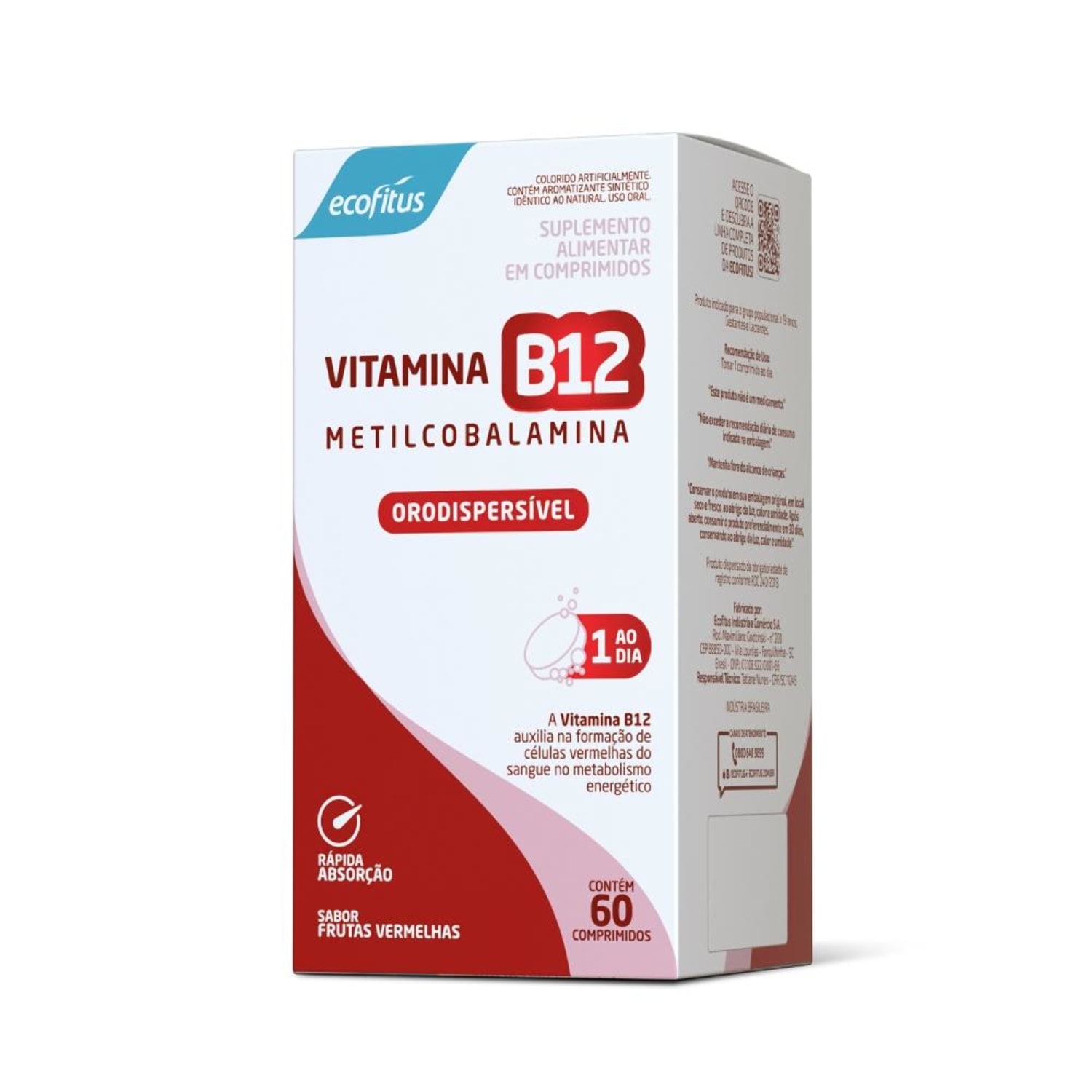 Suplemento Alimentar Vitamina B12 Metilcobalamina Orodispersível Sabor Frutas Vermelhas Ecofitus 60 Comprimidos