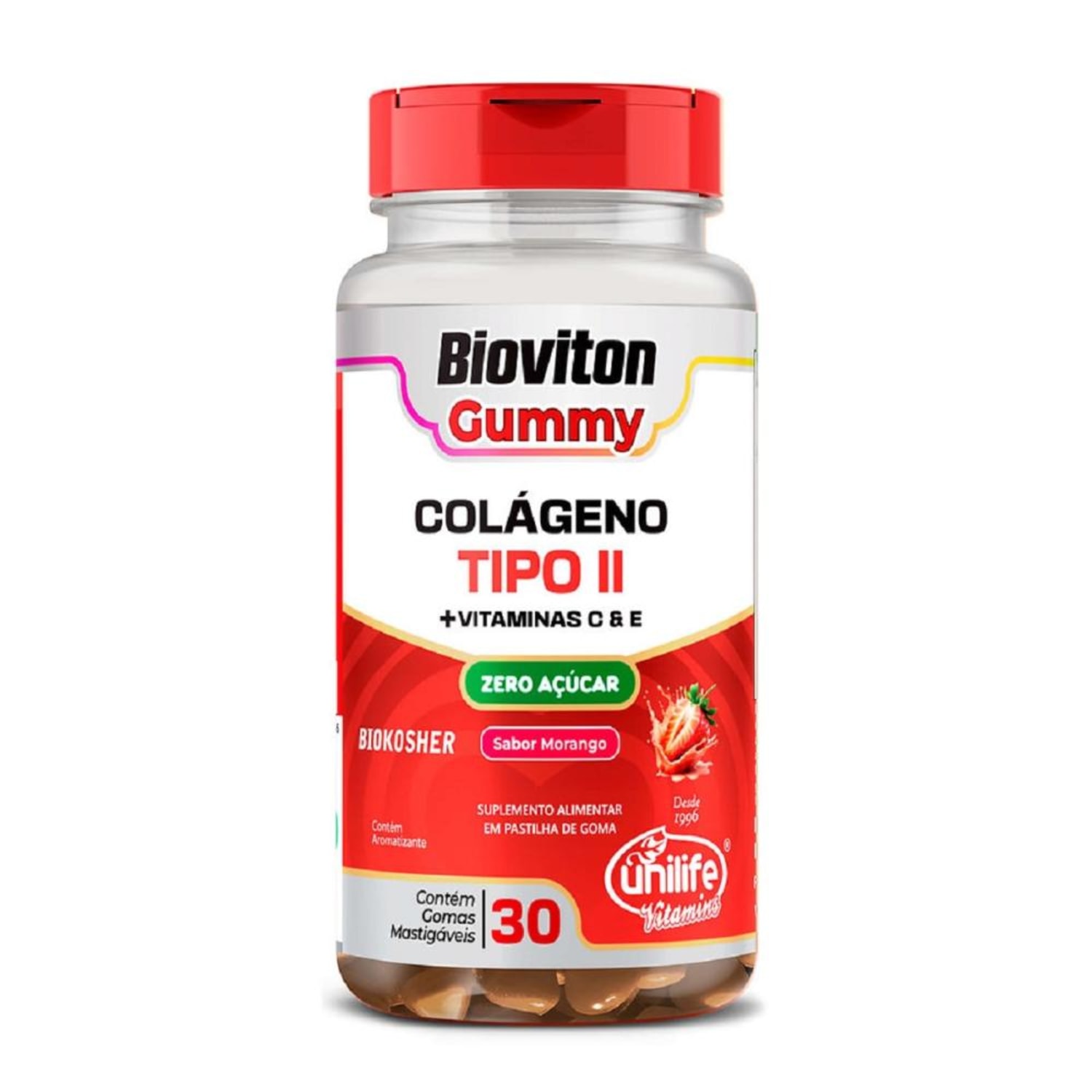 Suplemento Colágeno Tipo II+Vit E e C Bioviton Gummy Sabor Morango Unilife 30 Gomas Mastigáveis