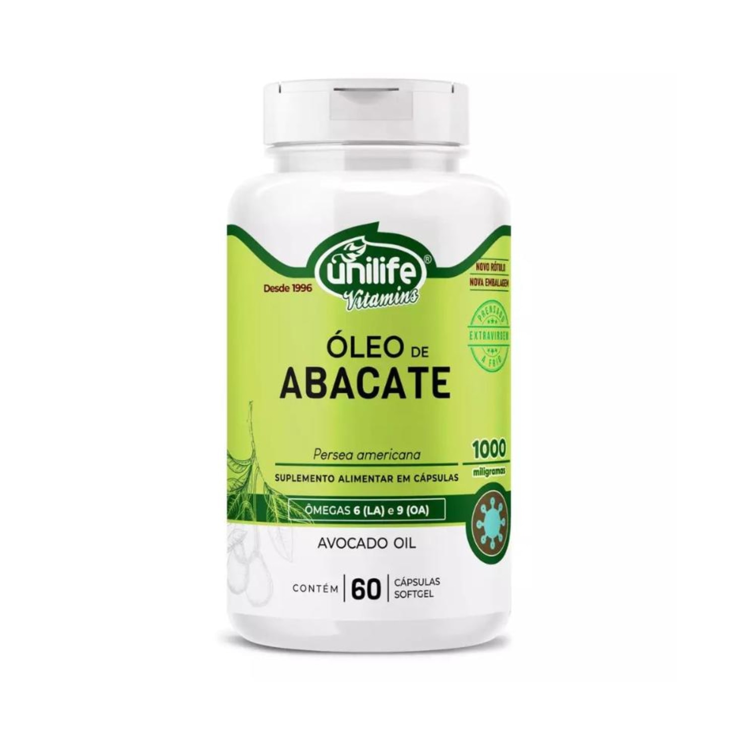 Suplemento Alimentar Óleo de Abacate 1000mg Unilife 60 Cápsulas Softge