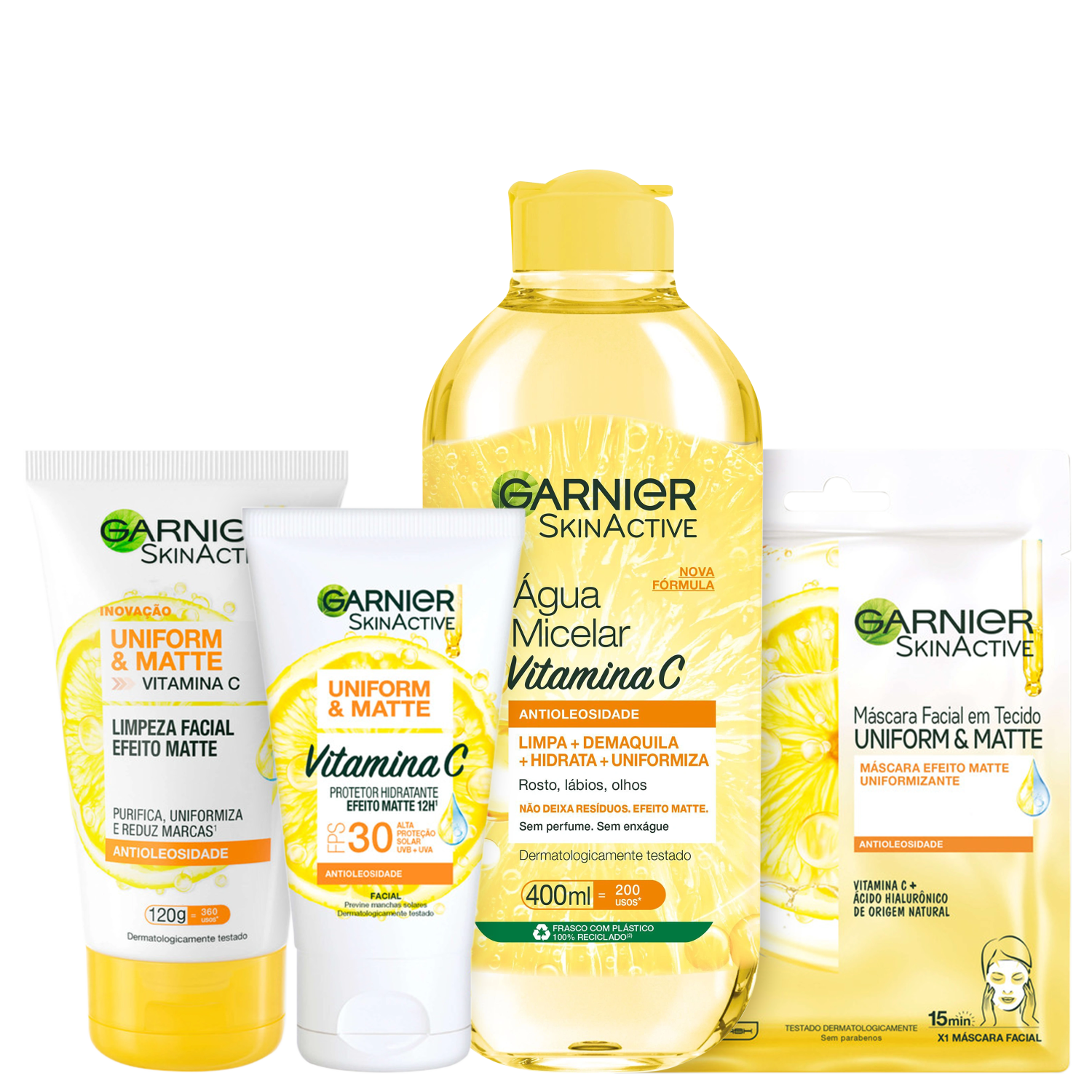 Kit Garnier SkinActive Uniform & Matte + Antioleosidade Vitamina C (4 Produtos)