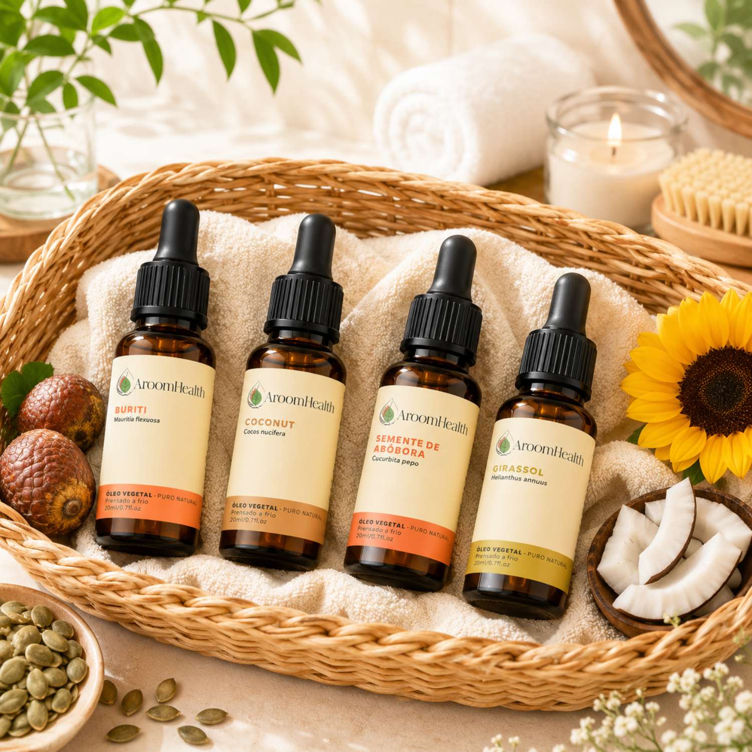 Kit de Óleos vegetais – Ojon Polpa, Linhaça Dourada, Macadâmia e Alecrim – 20 ml cada