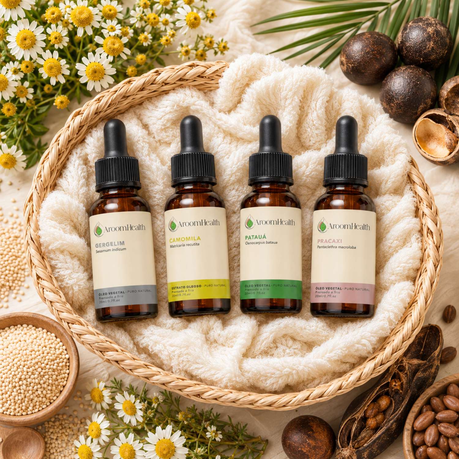 Kit de Óleos Vegetais Puro Natural – Gergelim, Camomila, Patauá e Pracaxi – 20 ml cada