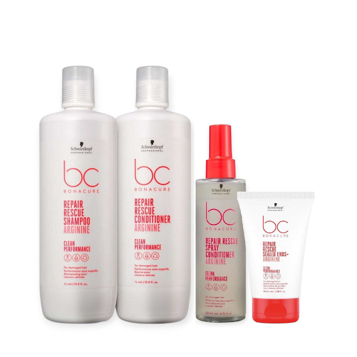 Kit Schwarzkopf Bc Repair Rescue - Shampoo 1L + Condicionador 1L + Sealed Ends 100ml + Spray Conditioner 200ml