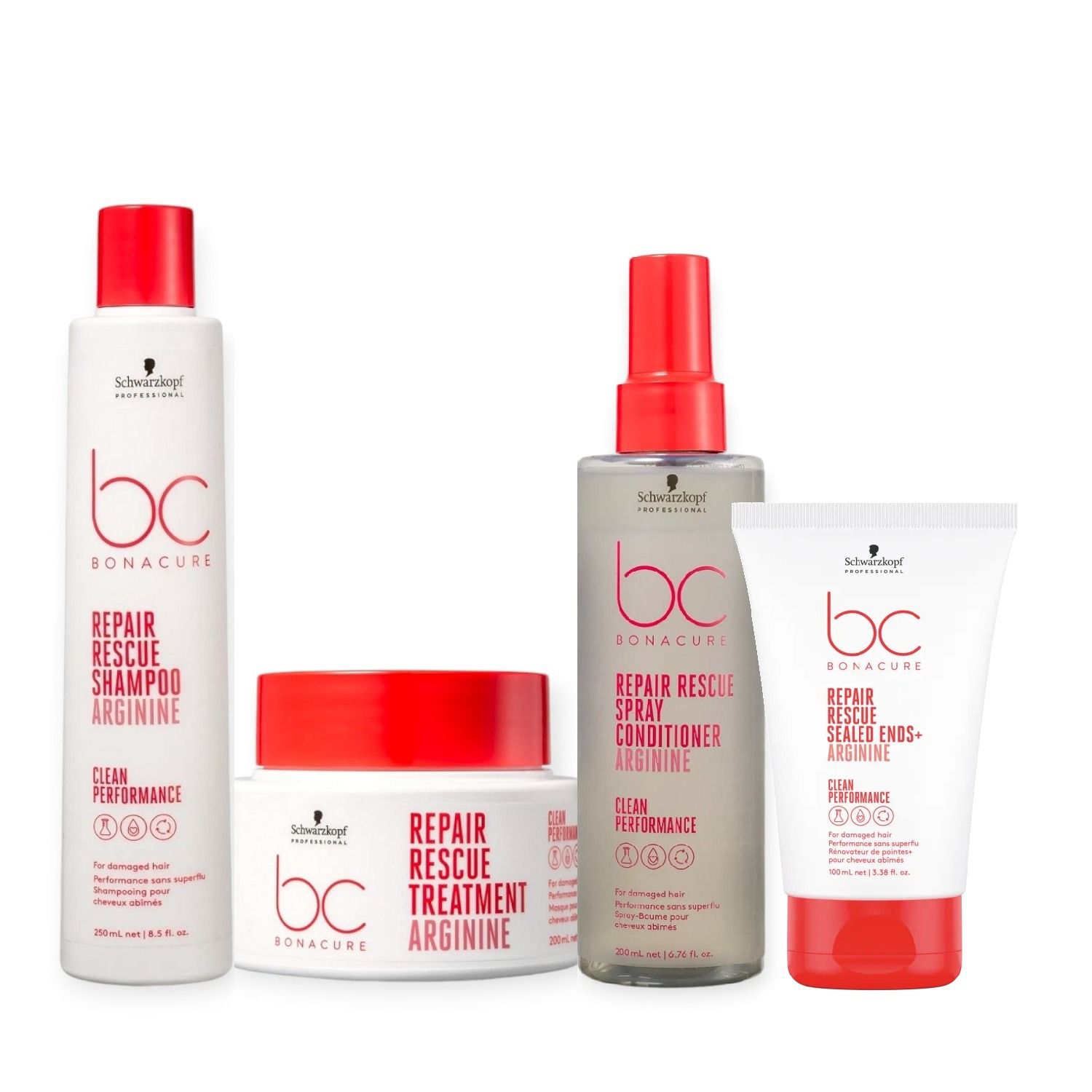 Kit Schwarzkopf Bc Repair Rescue - Shampoo 250ml + Máscara 200ml + Sealed Ends 100ml + Spray Conditioner 200ml
