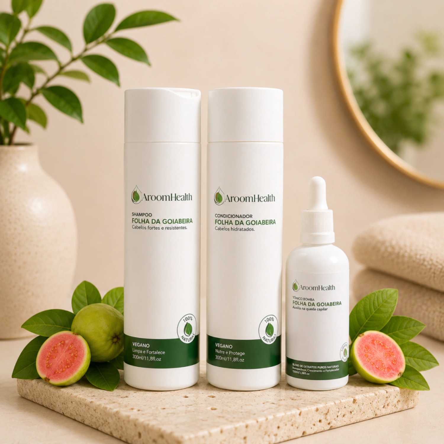 Kit Shampoo Condicionador e Tônico capilar Folha da Goiabeira 3 unidades