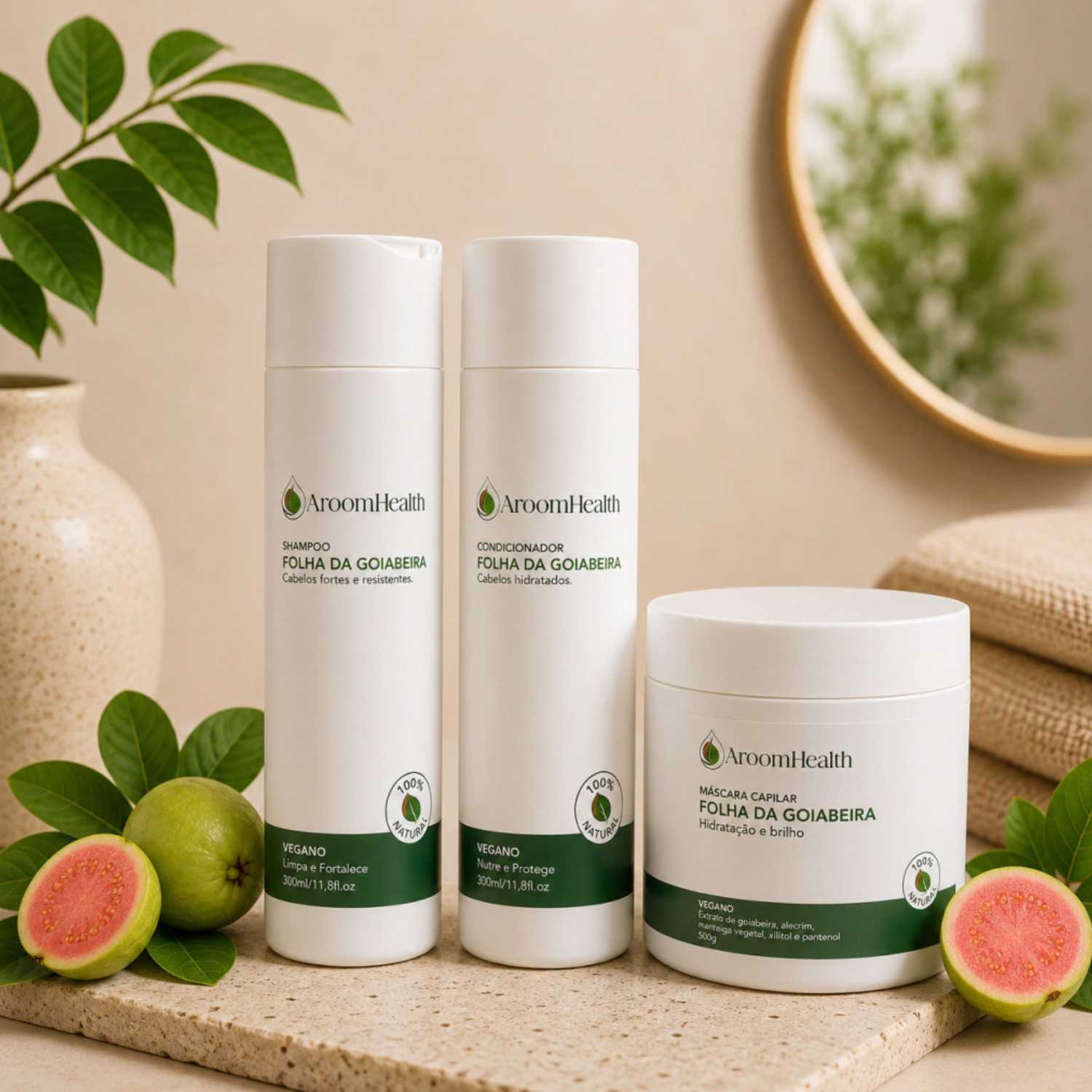 Kit de Shampoo, Condicionador e Máscara Capilar Folha da Goiabeira Fórmula Exclusiva
