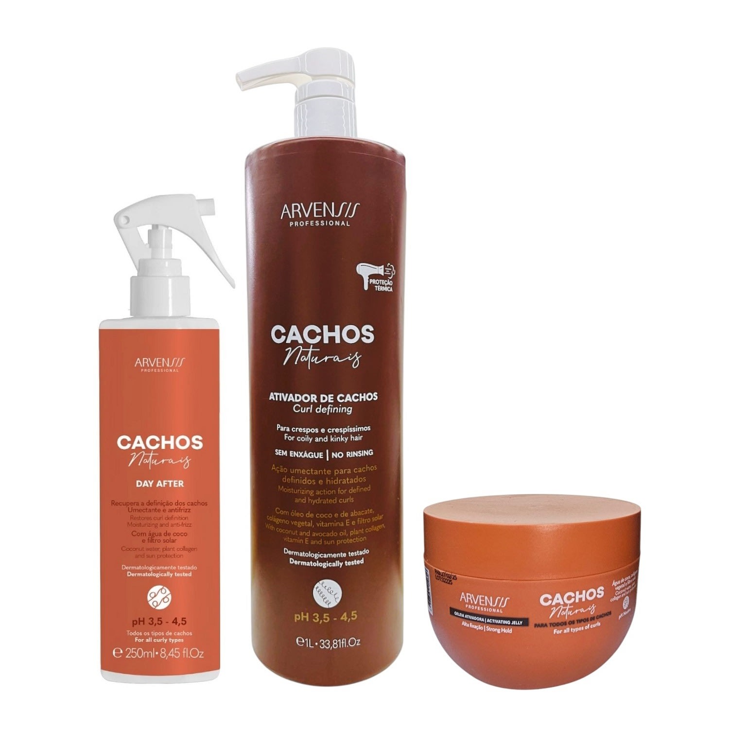 Kit Arvensis Professional Cachos Naturais - Ativador De Cachos Crespos 1L + Geleia Ativadora 250g + Day After 250ml