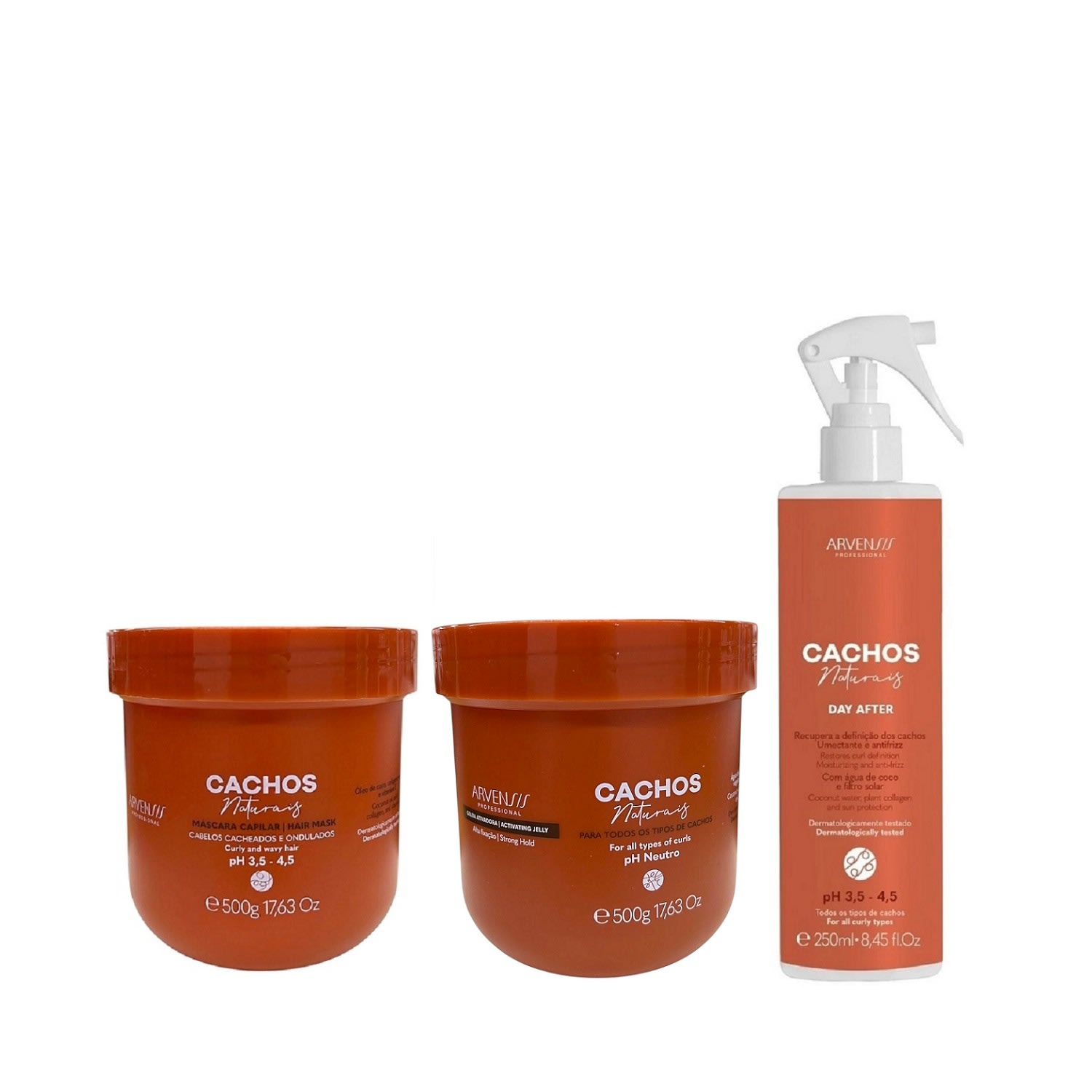 Kit Arvensis Professional Cachos Naturais - Máscara 500g + Geleia Ativadora 500g + Day After 250ml