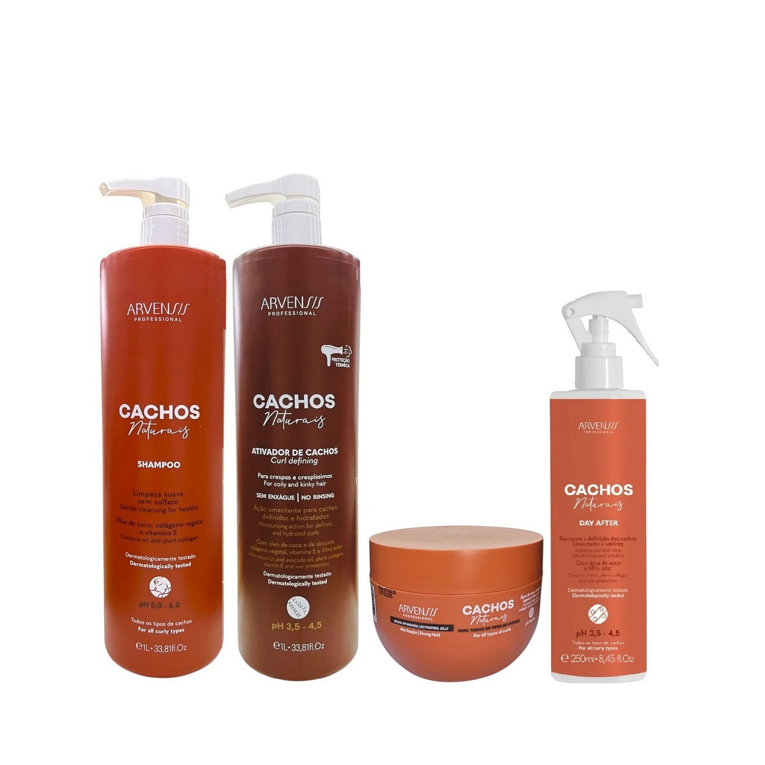Kit Arvensis Professional Cachos Naturais - Shampoo 1L + Ativador De Cachos Crespos 1L + Geleia Ativadora 250ml + Day After 250ml