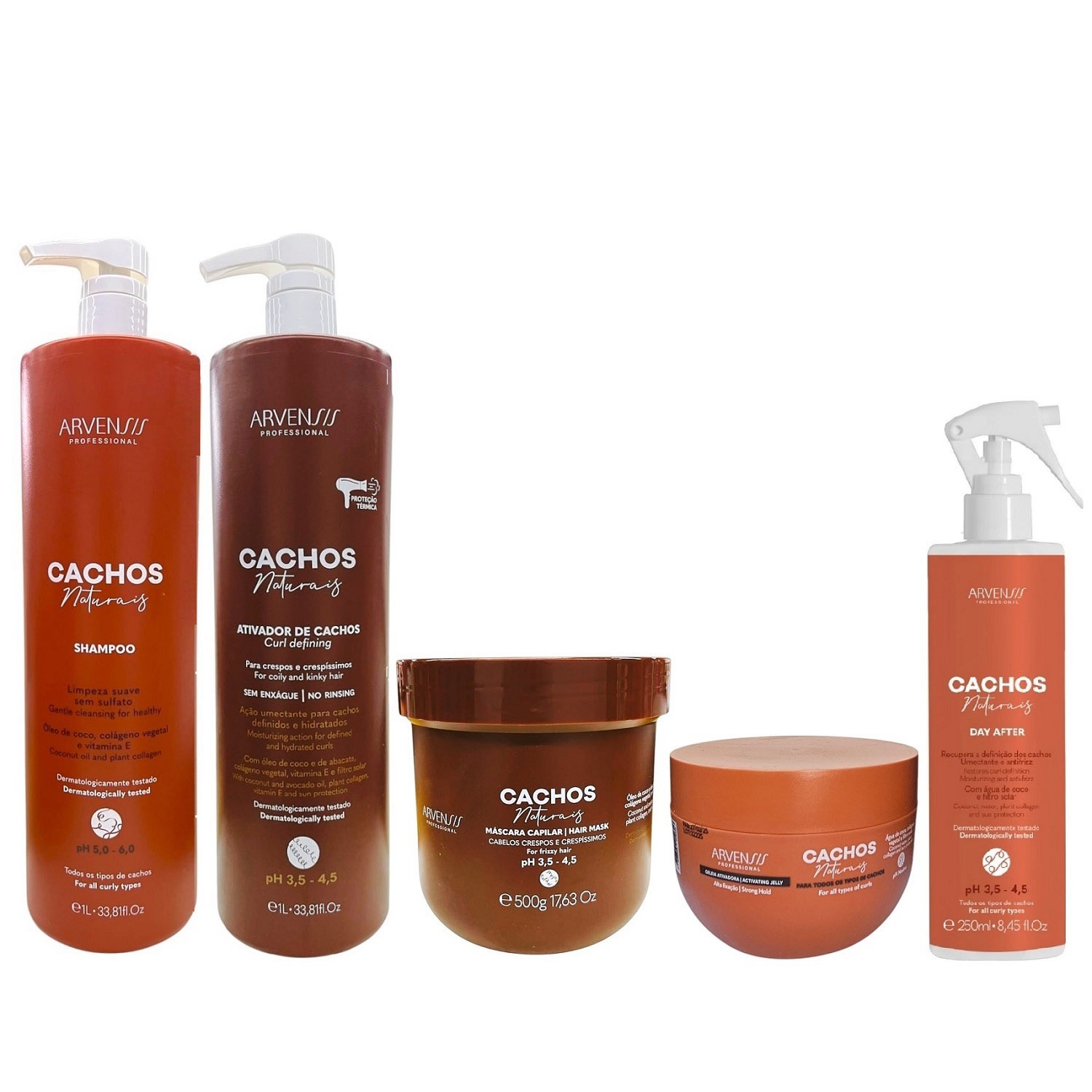 Kit Arvensis Professional Cachos Naturais - Shampoo 1L + Ativador De Cachos Crespos 1L + Máscara Crespos 500g + Geleia Ativadora 250g + Day After 250ml