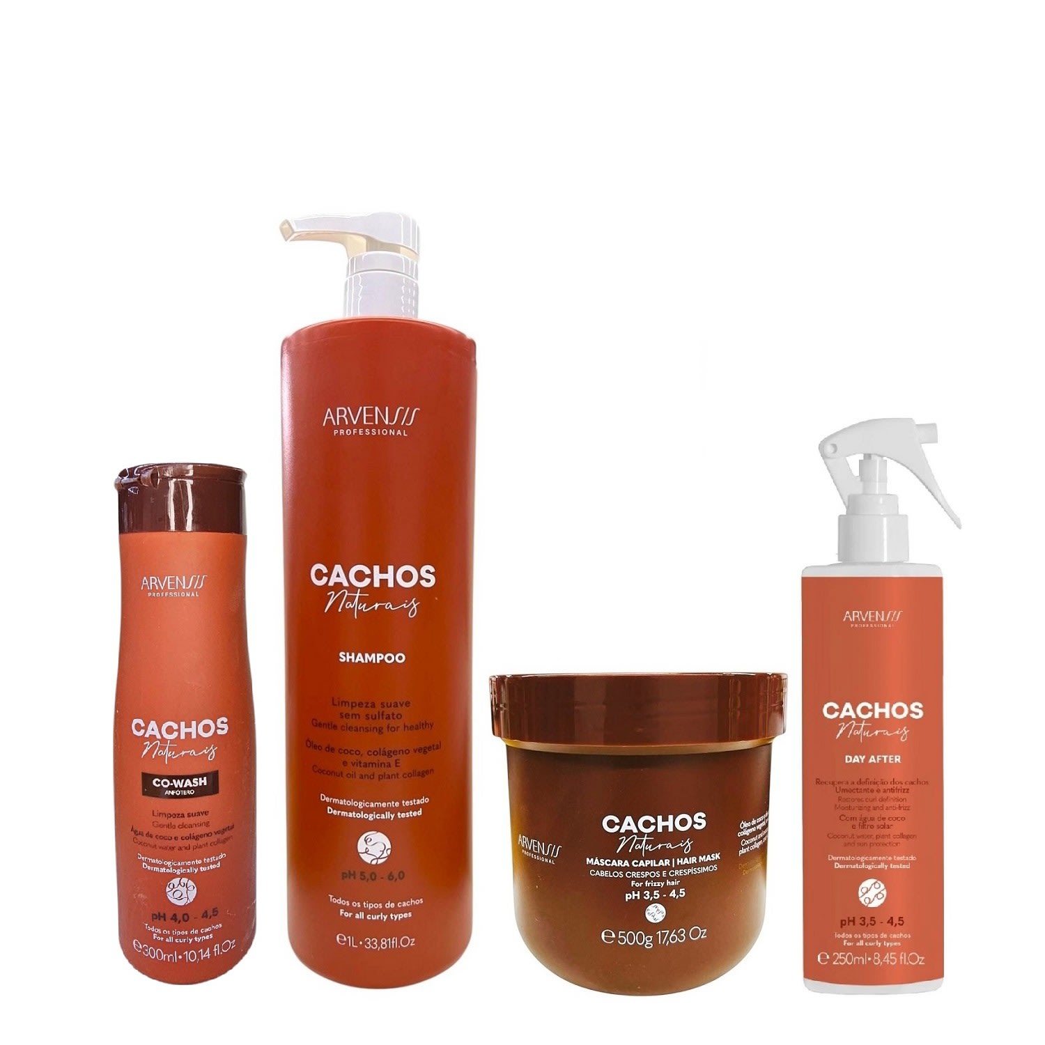Kit Arvensis Professional Cachos Naturais - Shampoo 1L + Máscara Crespos 500g + Co-Wash 300ml + Day After 250ml