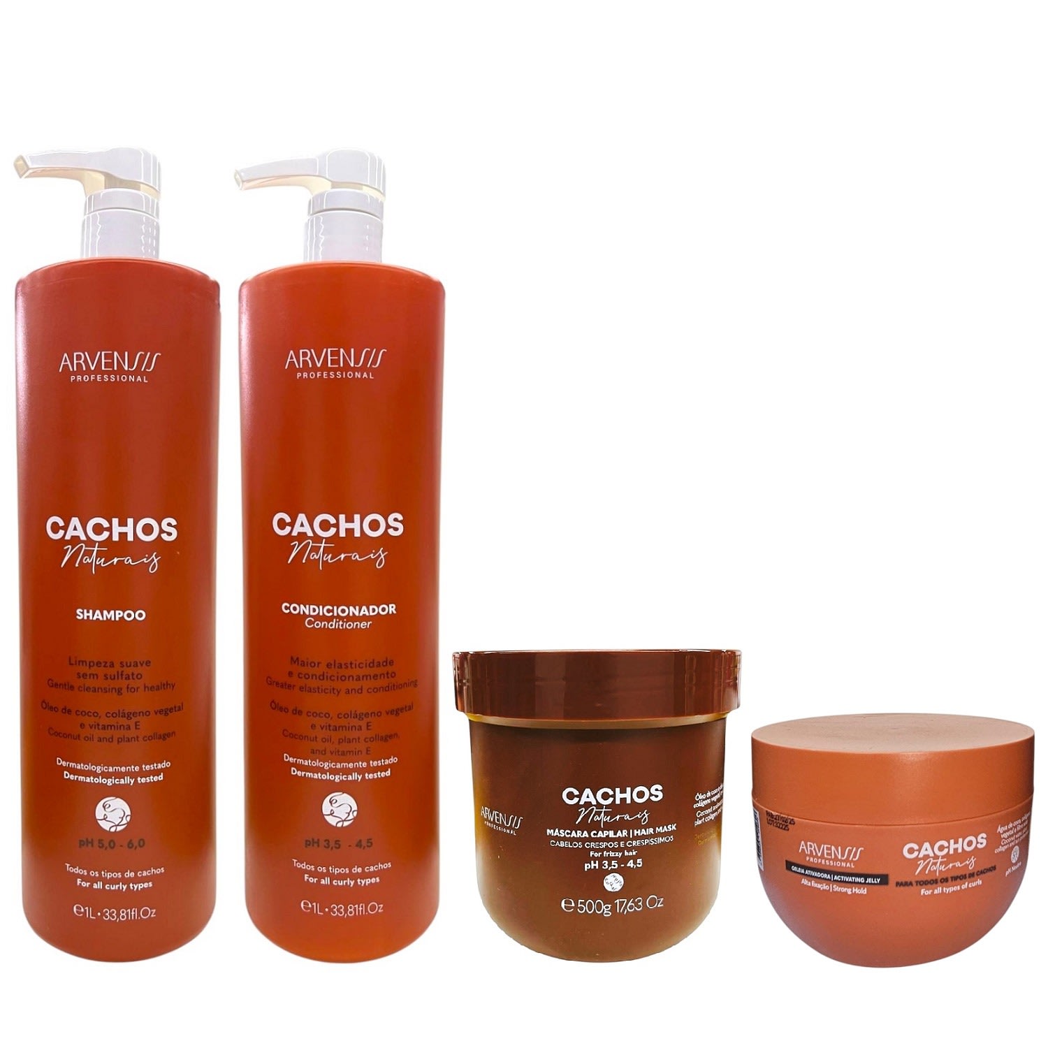 Kit Arvensis Professional Cachos Naturais - Shampoo 1L + Condicionador 1L + Máscara Crespos 500g + Geleia Ativadora 250ml