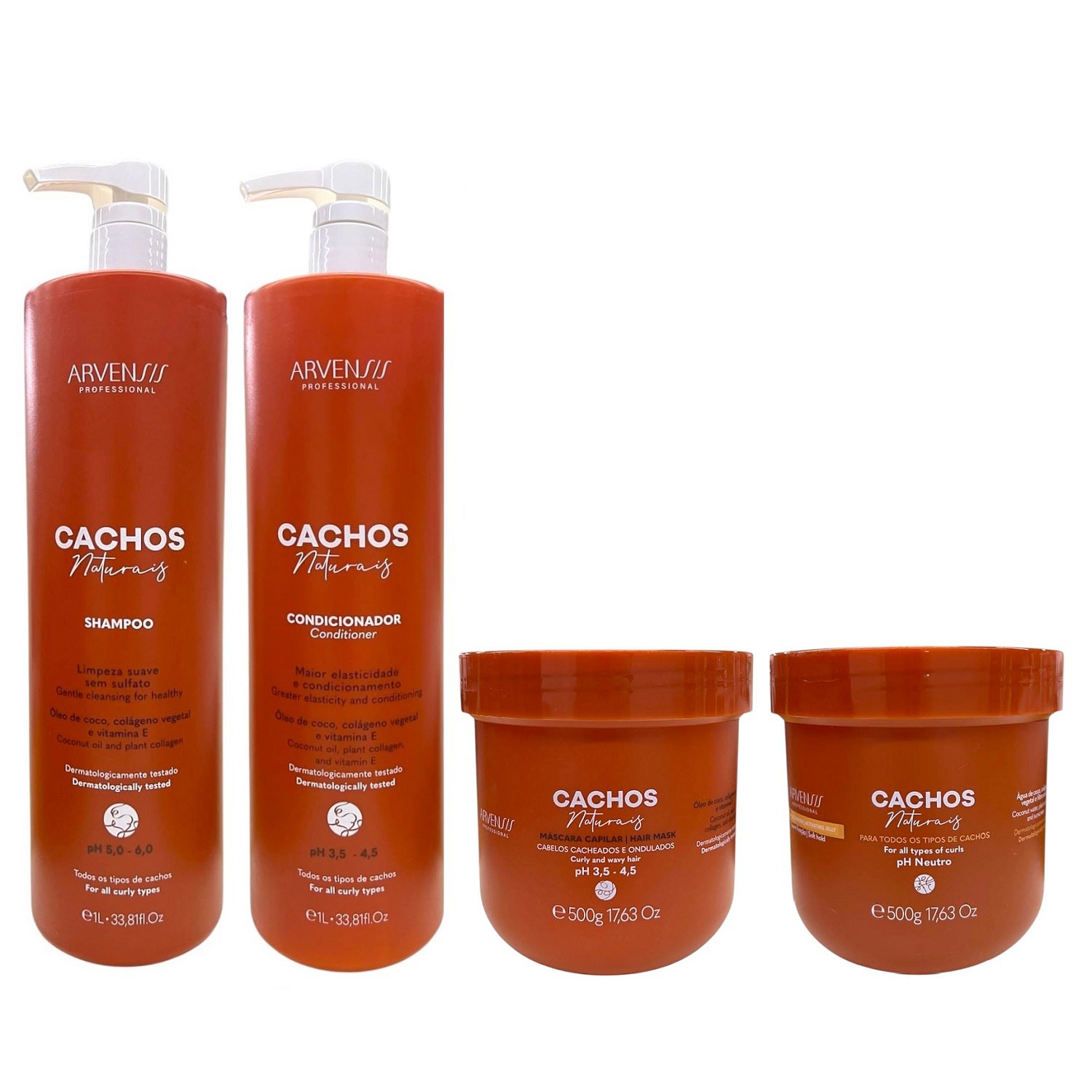 Kit Arvensis Professional Cachos Naturais - Shampoo 1L + Condicionador 1L + Máscara 500g + Geleia 500g
