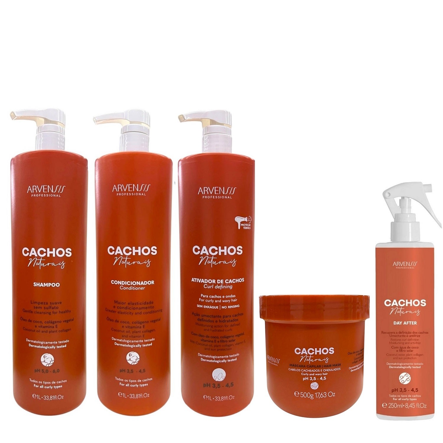 Kit Arvensis Professional Cachos Naturais - Shampoo 1L + Condicionador 1L + Ativador De Cachos 1L + Máscara 500g + Day After 250ml