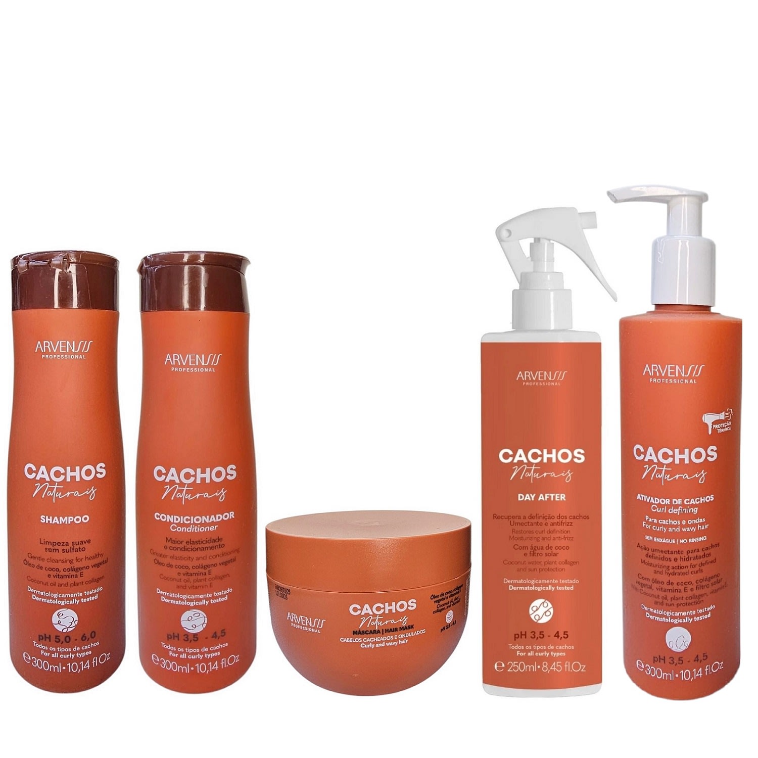 Kit Arvensis Professional Cachos Naturais - Shampoo 300ml + Condicionador 300ml + Ativador De Cachos 300ml + Day After 250ml + Máscara 250ml