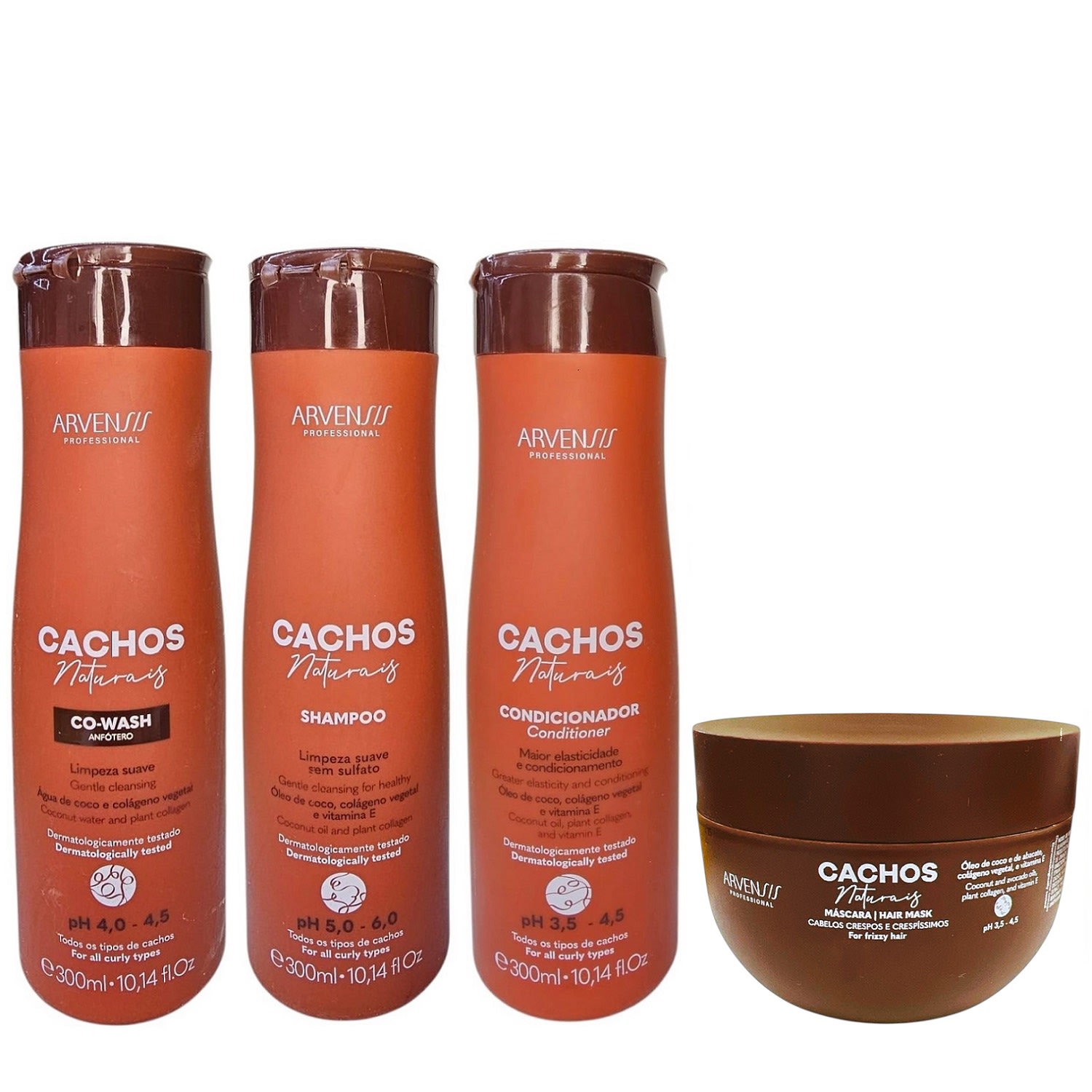 Kit Arvensis Professional Cachos Naturais - Shampoo 300ml + Condicionador 300ml + Co-Wash 300ml + Máscara Crespos 250g