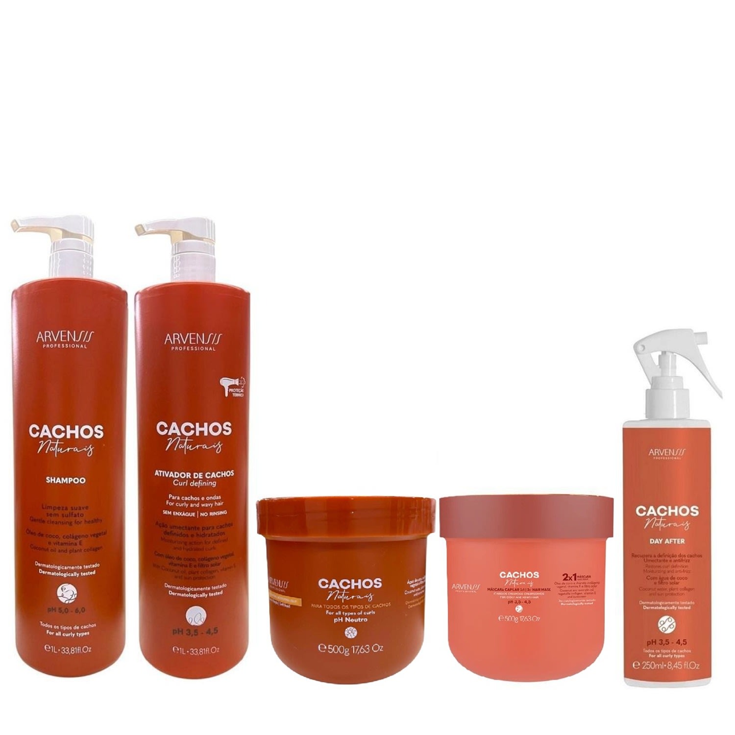 Kit Arvensis Cachos Naturais - Shampoo 1L + Ativador de Cachos 1L + Geleia Ativadora Suave 500g + Máscara 2x1 500g + Day After 250ml