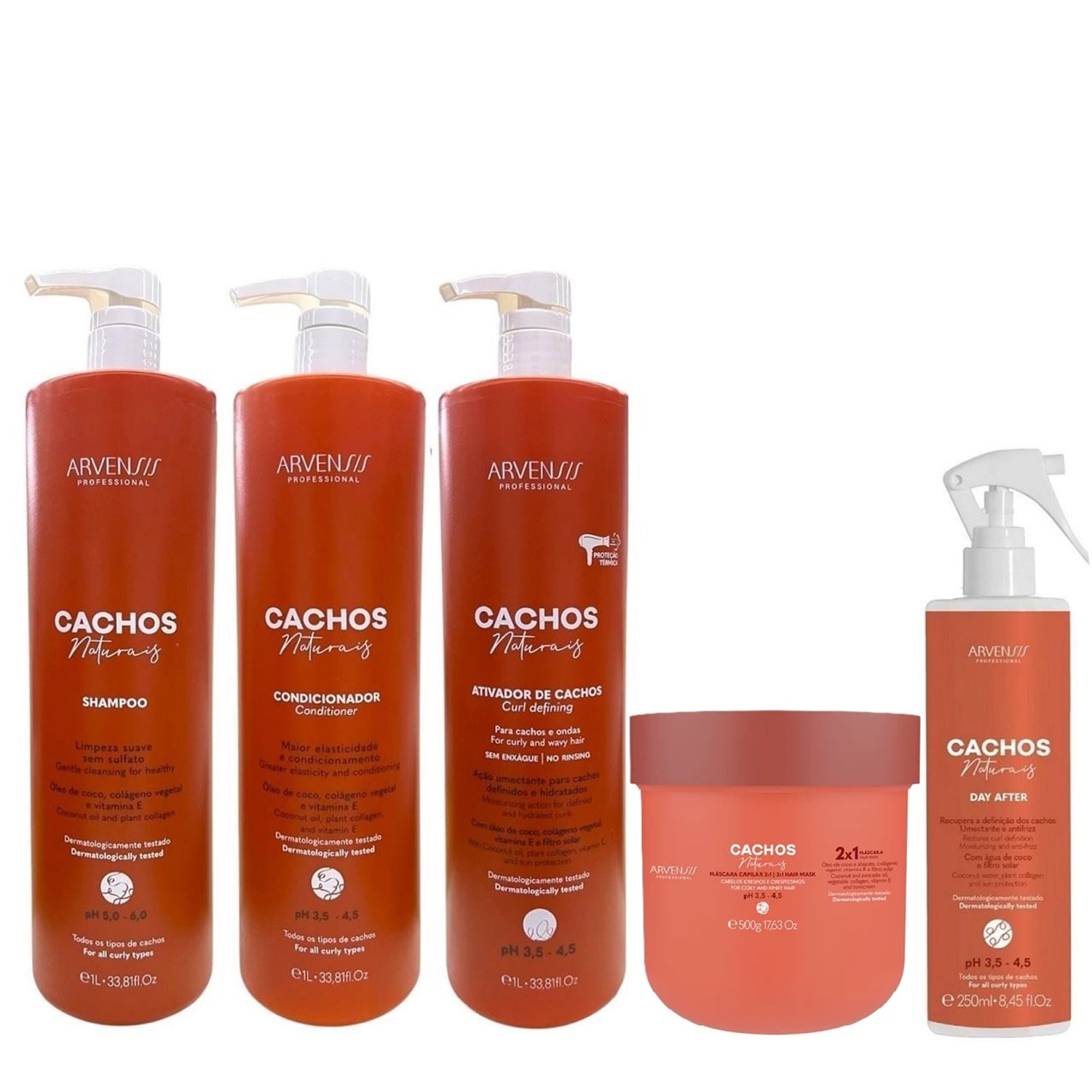 Kit Arvensis Cachos Naturais - Shampoo 1L + Condicionador 1L + Ativador de Cachos 1L + Day After 250ml + Máscara 2x1 500g
