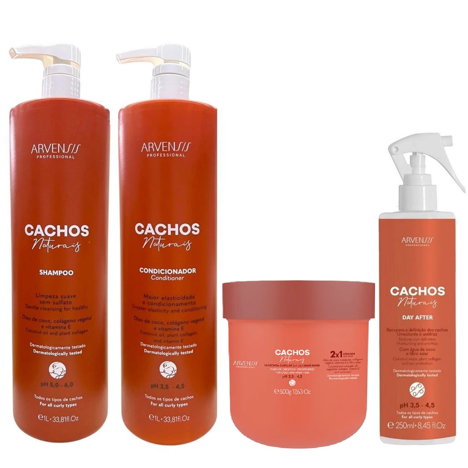 Kit Arvensis Cachos Naturais - Shampoo 1L + Condicionador 1L + Máscara 2x1 500g + Day After 250ml