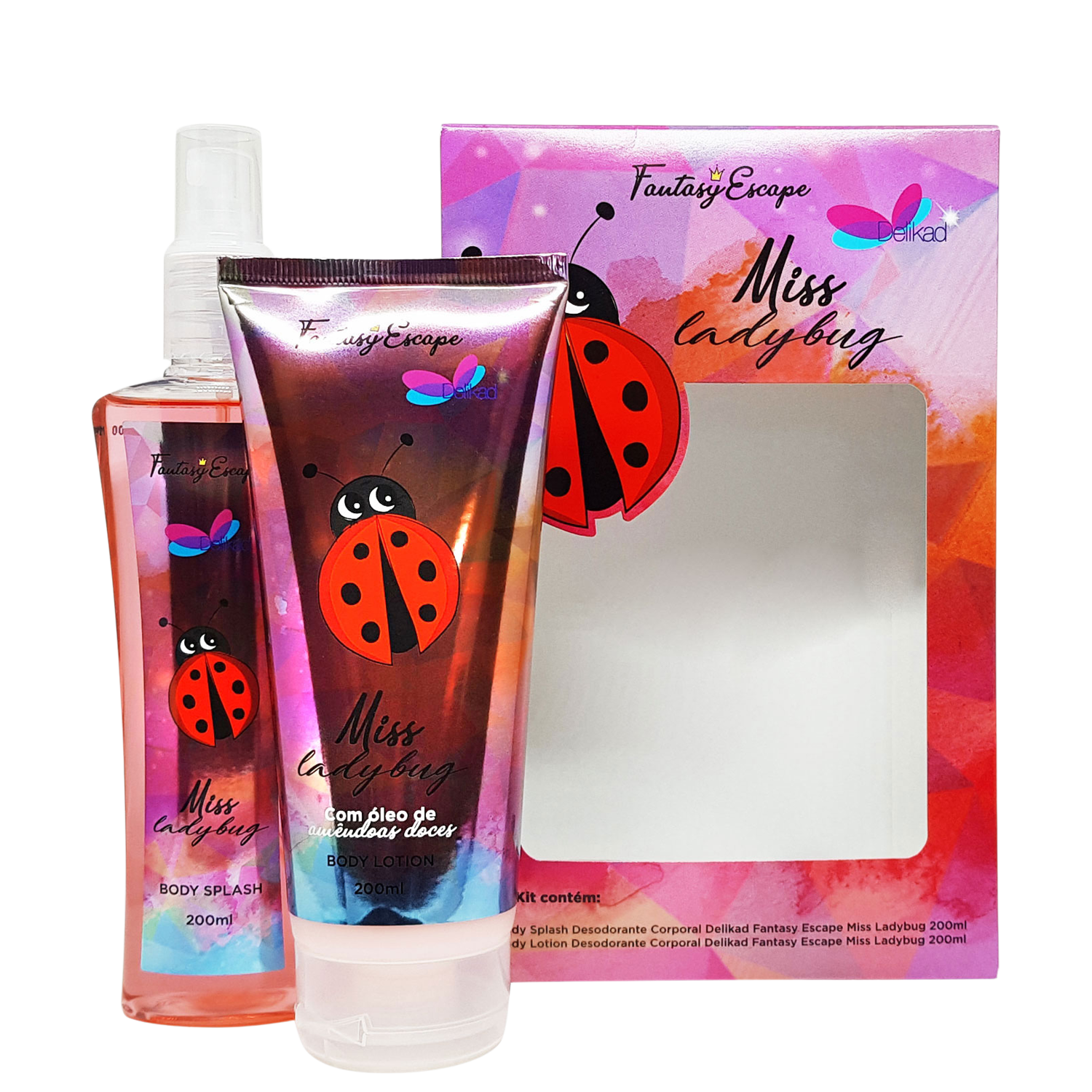 Conjunto Fantasy Escape Miss Ladybug Delikad Infantil - Body Spray 200ml + Loção Corporal 200ml