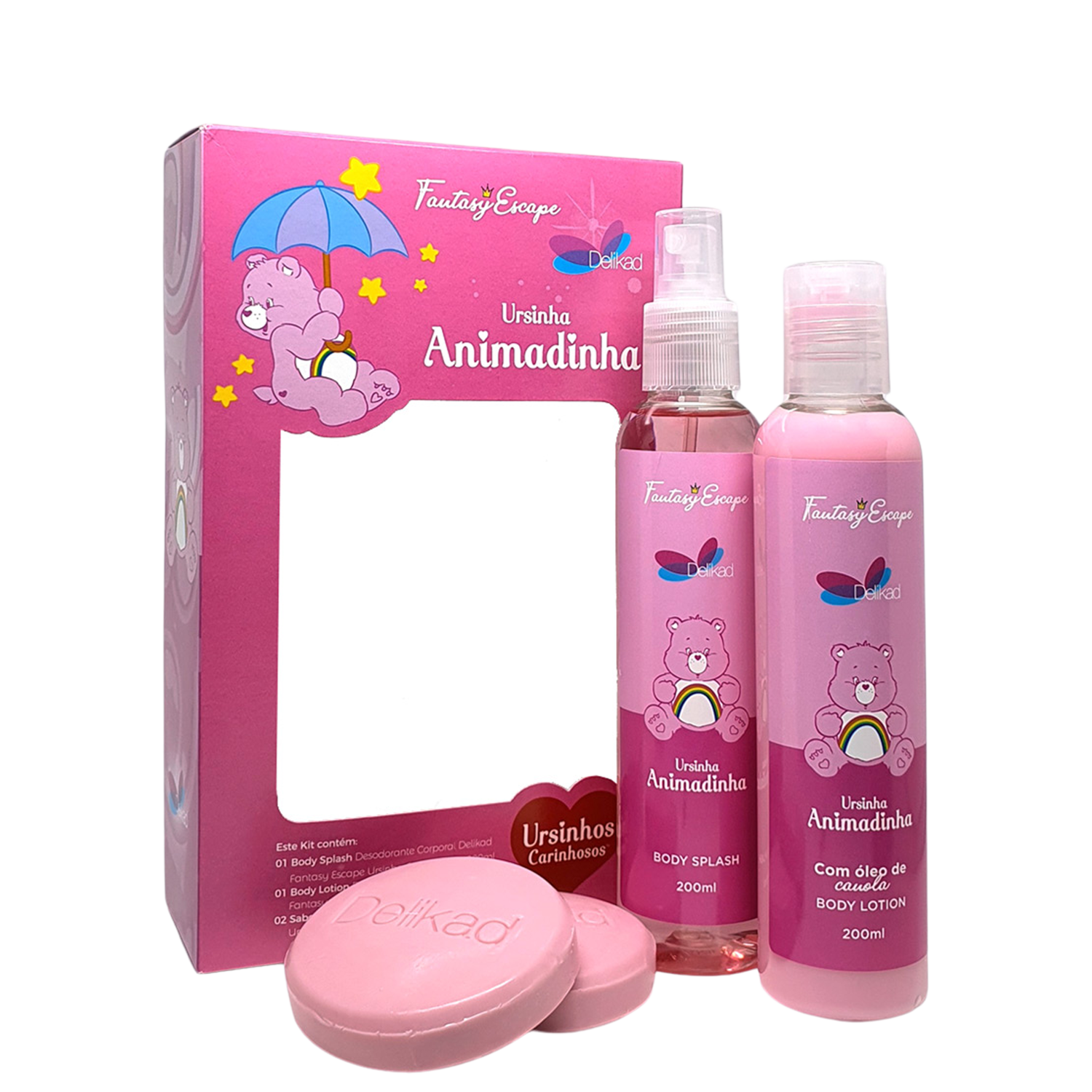 Conjunto Fantasy Escape Ursinha Animadinha Delikad Infantil - Body Spray 200ml + Loção Corporal 200ml + 2 Sabonetes
