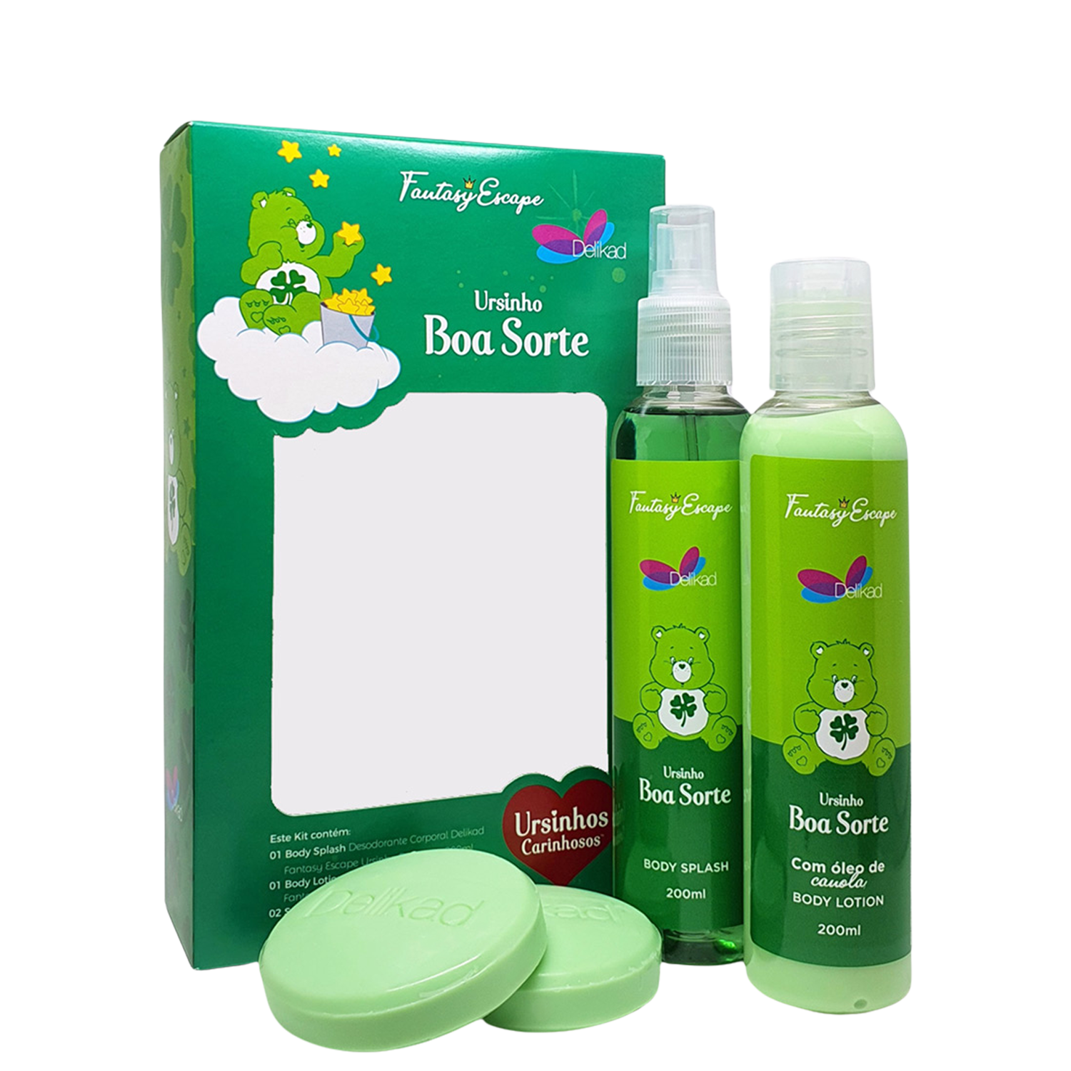Conjunto Fantasy Escape Ursinho Boa Sorte Delikad Infantil - Body Spray 200ml + Loção Corporal 200ml + 2 Sabonetes