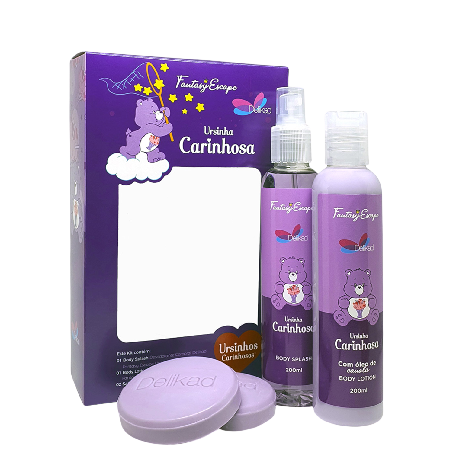 Conjunto Fantasy Escape Ursinha Carinhosa Delikad Infantil - Body Spray 200ml + Loção Corporal 200ml + 2 Sabonetes