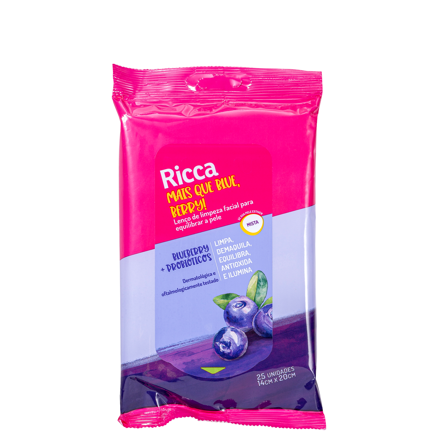 Ricca Mais que Blue, Berry! Blueberry + Probióticos - Lenço Demaquilante (25 Unidades)