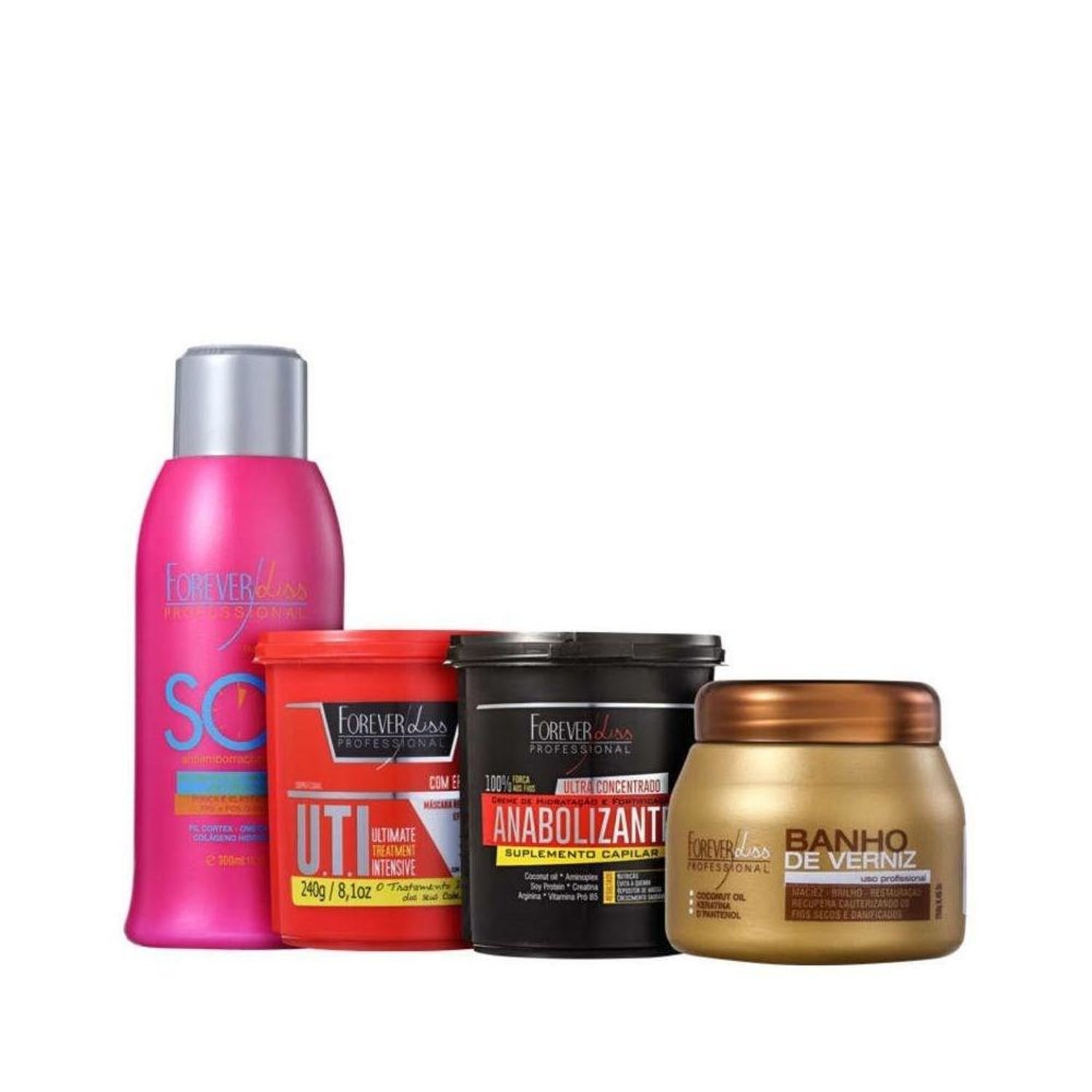 Forever Liss Máscaras UTI 240g + Anabolizante 240g + Verniz 240g + Antiemborrachamento 300ml