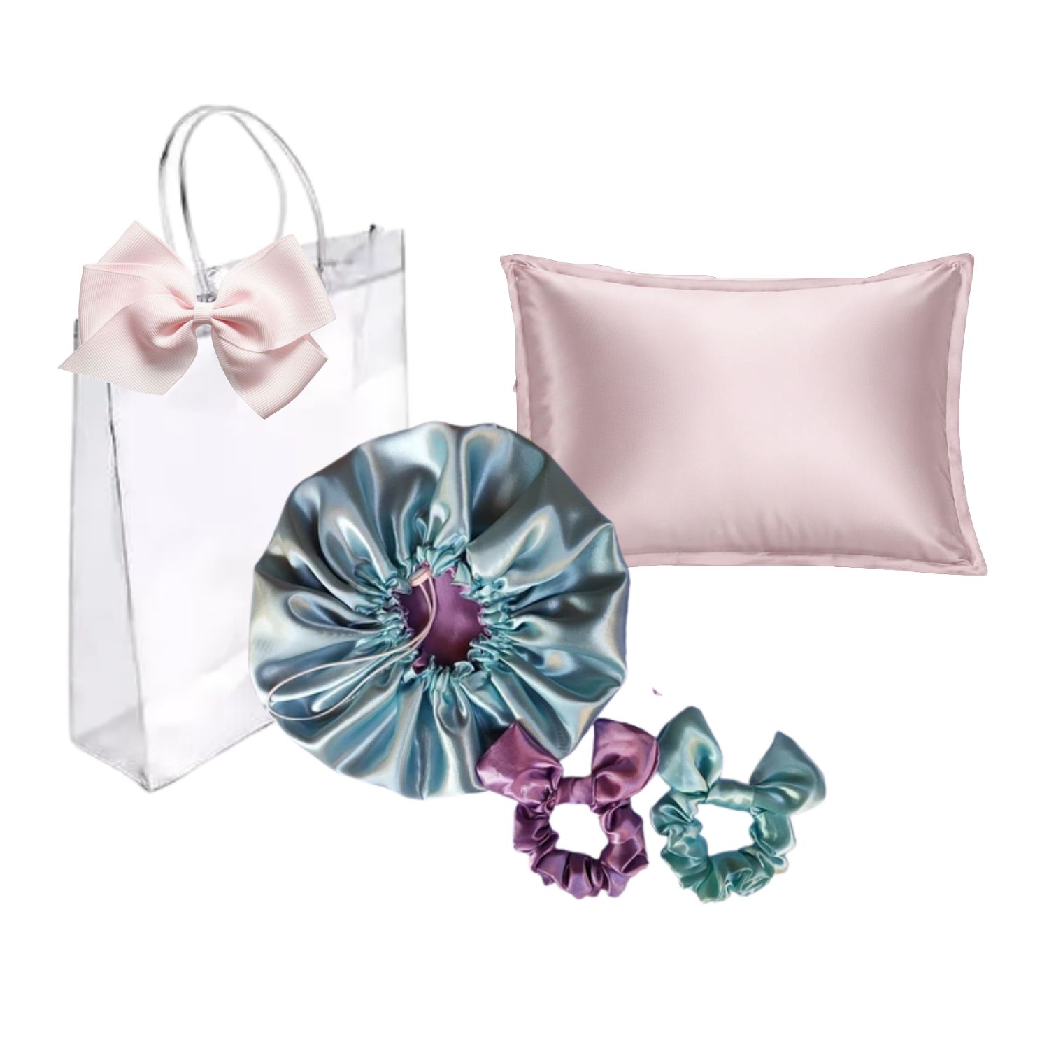 Kit Touca Cetim Antifrizz ,1 Fronha 2 Scrunchies Verde água