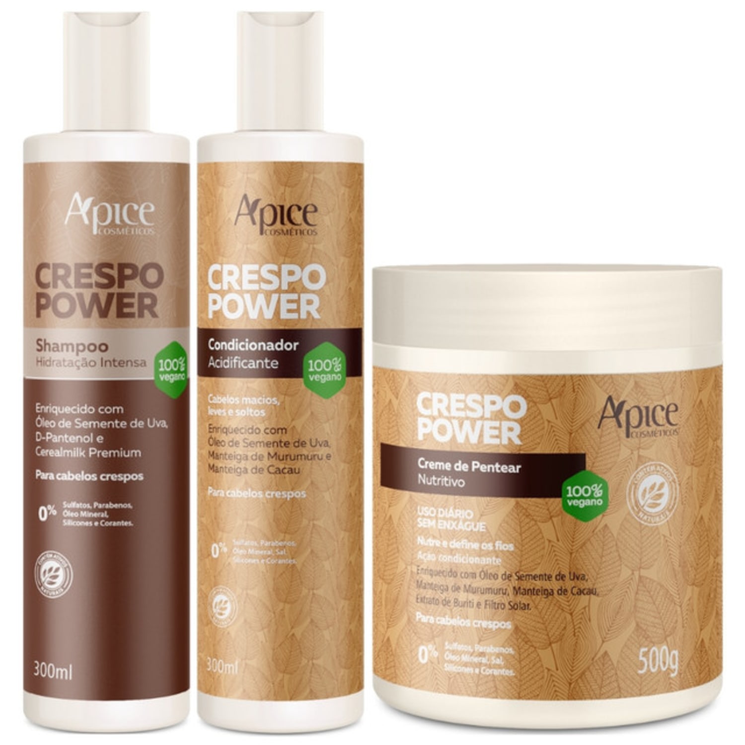 Kit Apse Crespo Power Shampoo + Condicionador + Creme De Pentear Nutritivo Cabelo Vegano