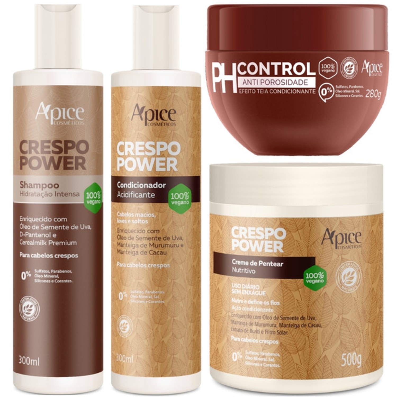 Kit Crespo Power Apse Porosidade Shampoo + Condicionador + Creme Pentear + Mascara Ph Control 300g