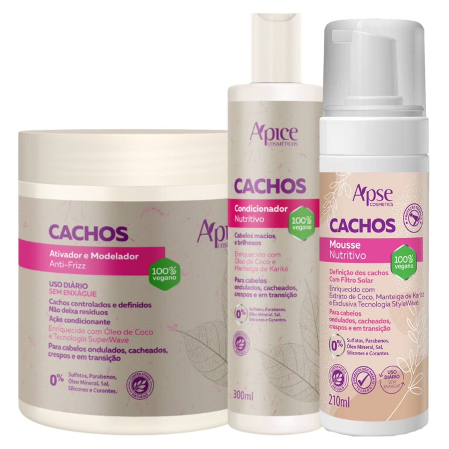 Kit Apse Cachos Condicionador + Mousse + Ativador Tratamento Capilar Cacheado Vegano
