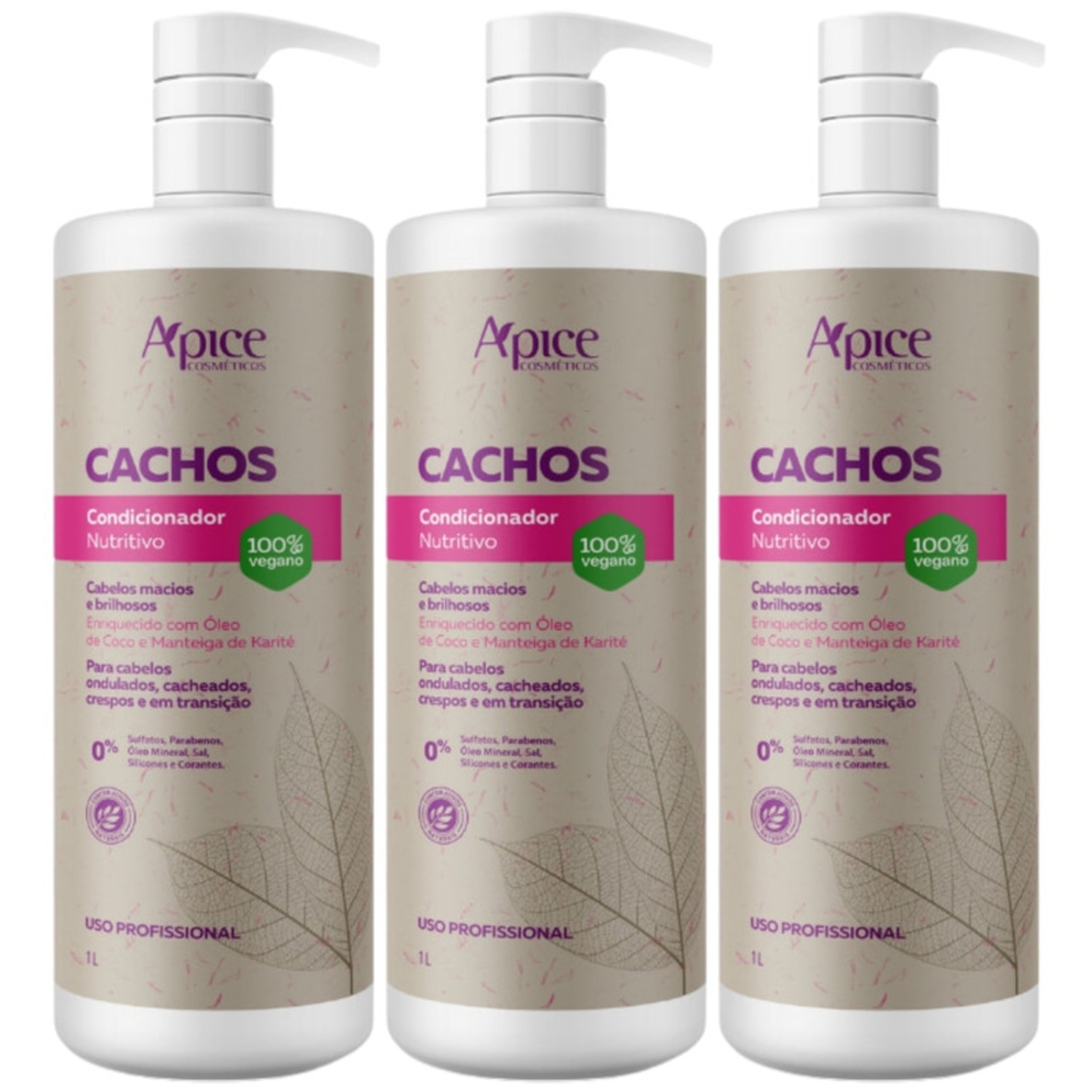 Kit 3 Condicionador Nutritivo Cachos Apse Apice Vegano Anti Frizz Creme De Pentar Uso Diario 1L