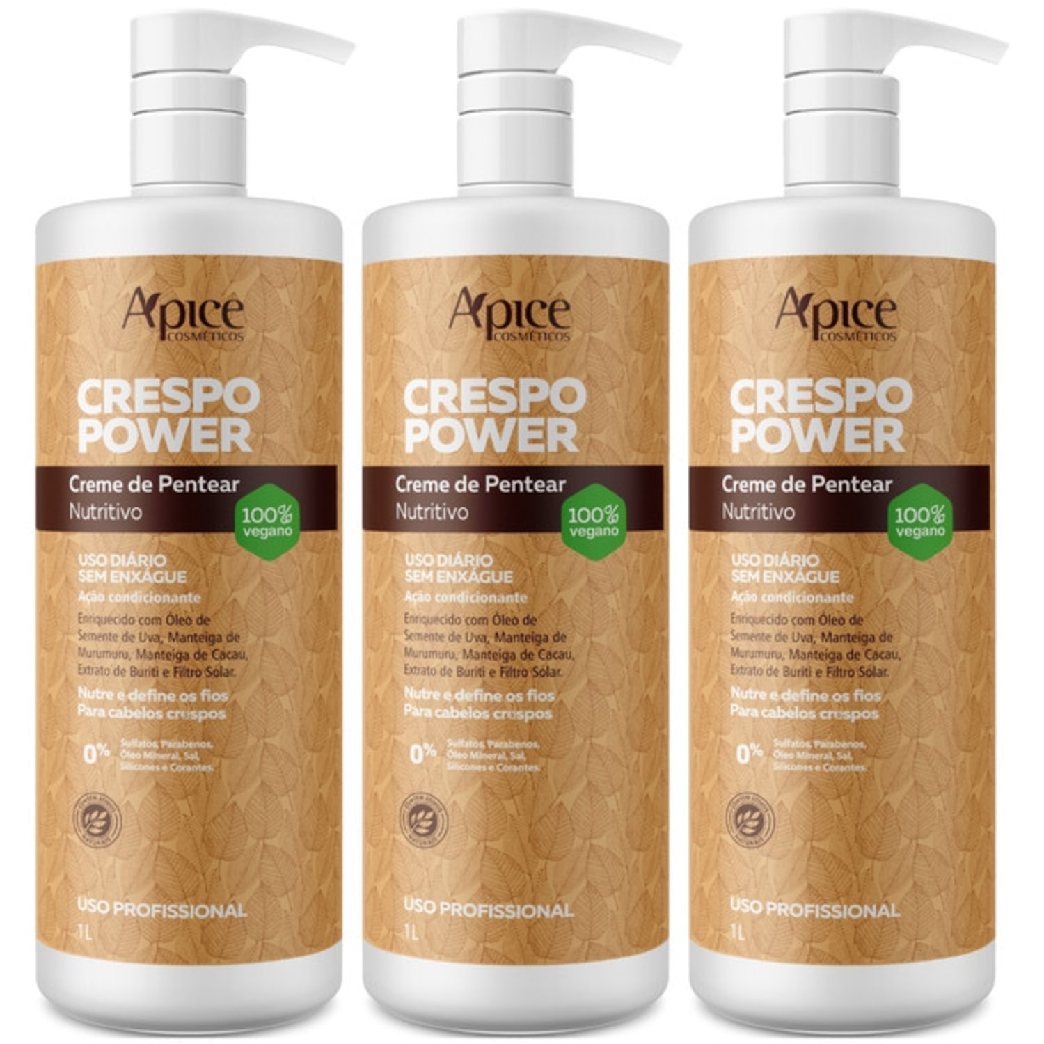 Kit 3 Creme De Pentear Nutritivo Apse Apice Crespo Power Vegano Profissional Uso Diario 1L