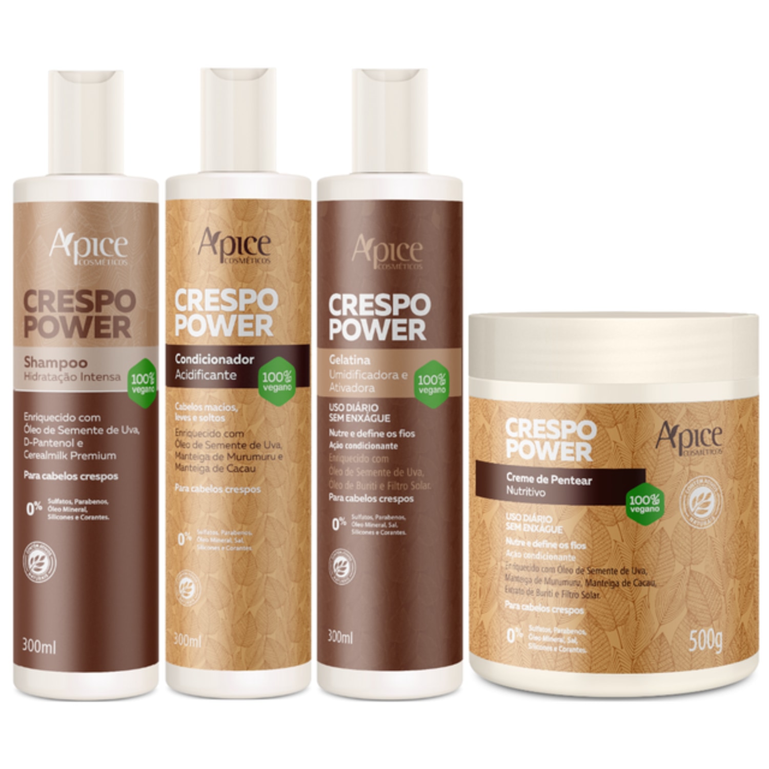 Kit Apse Crespo Power Shampoo Condicionador Creme de Pentear Gelatina Ativadora Completo Vegano