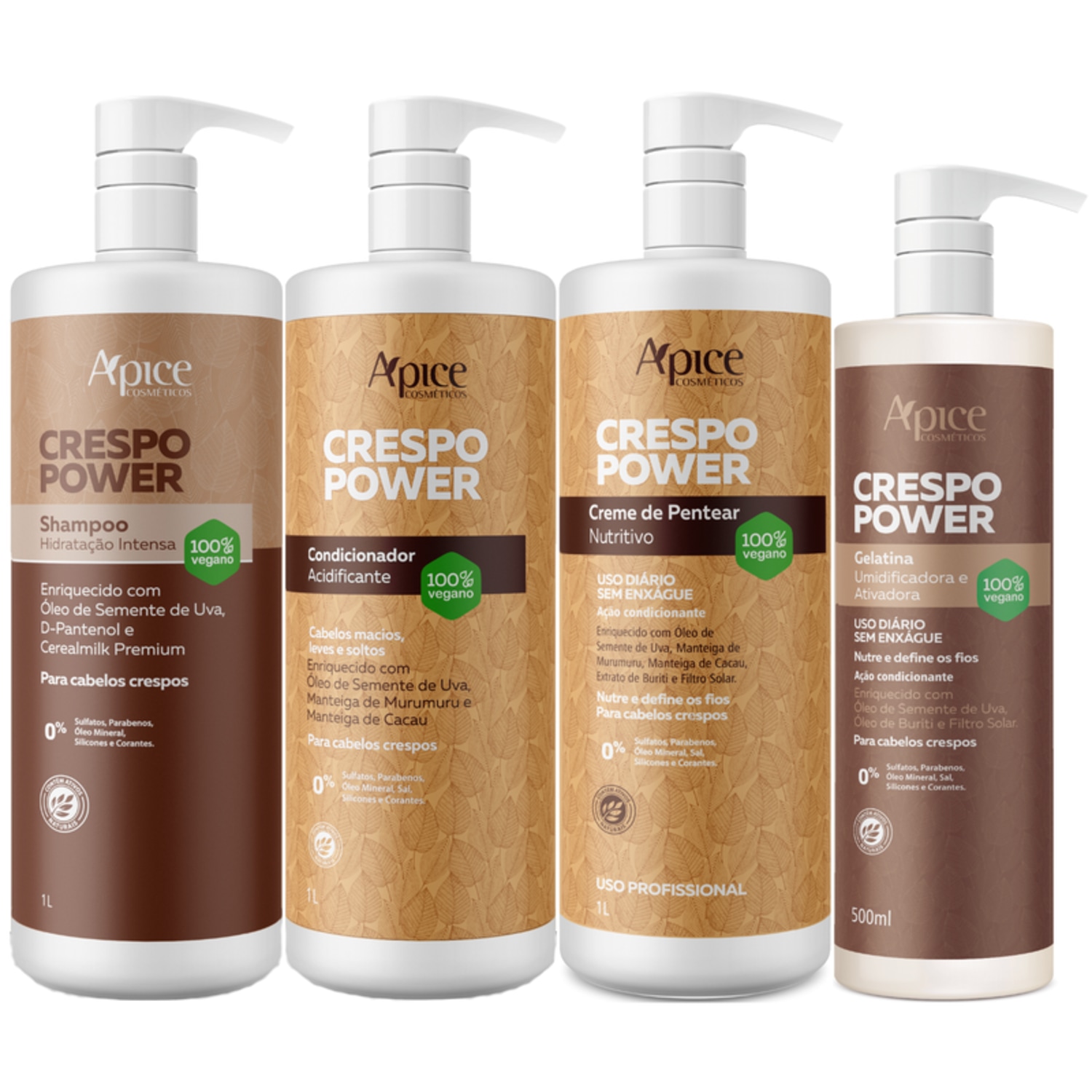 Kit Apice Crespo Power Shampoo Condicionador Creme de Pentear Gelatina Profissional Litro Grande