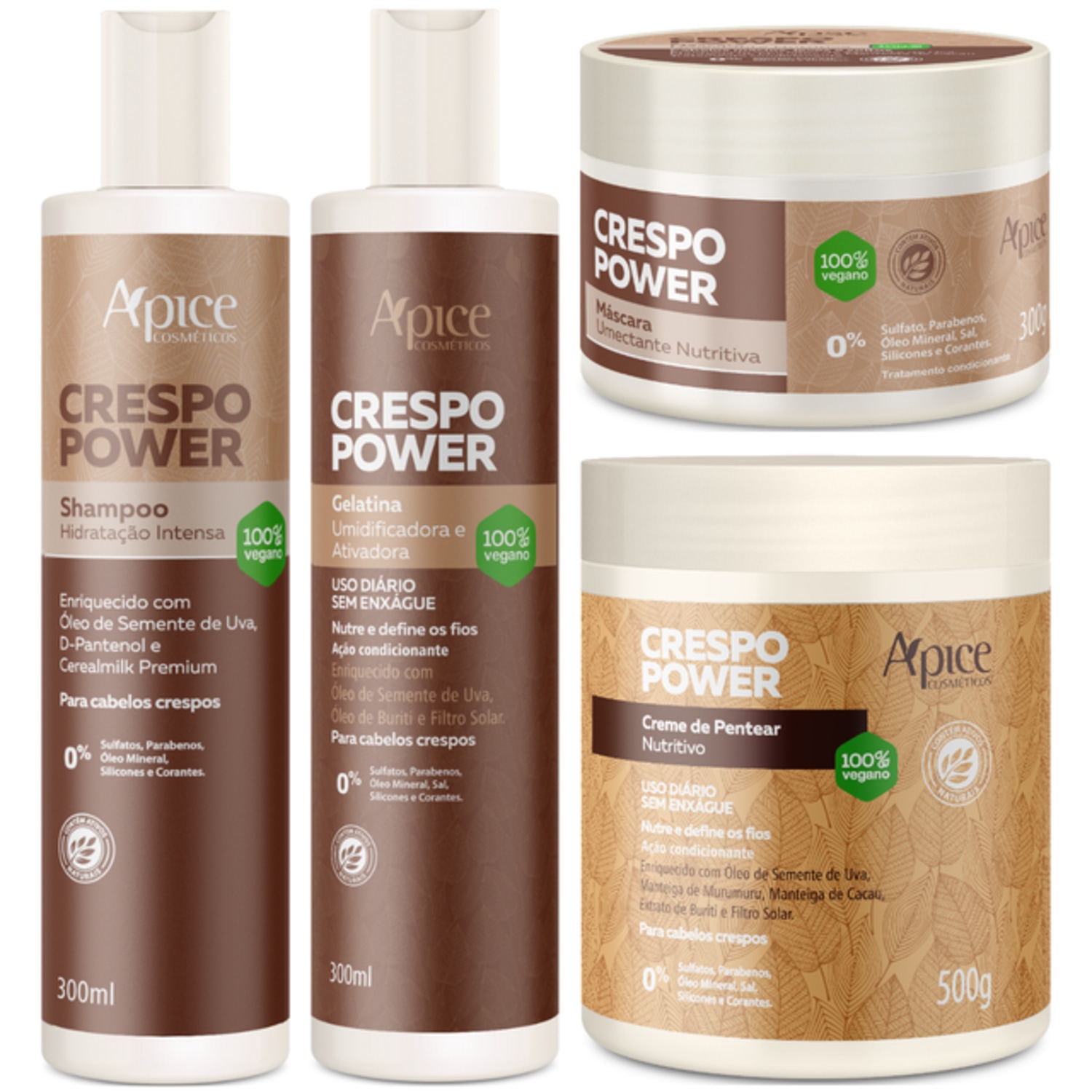 Kit Apice Crespo Power Shampoo + Gelatina + Mascara + Creme De Pentear Nutritivo Cabelo Vegano