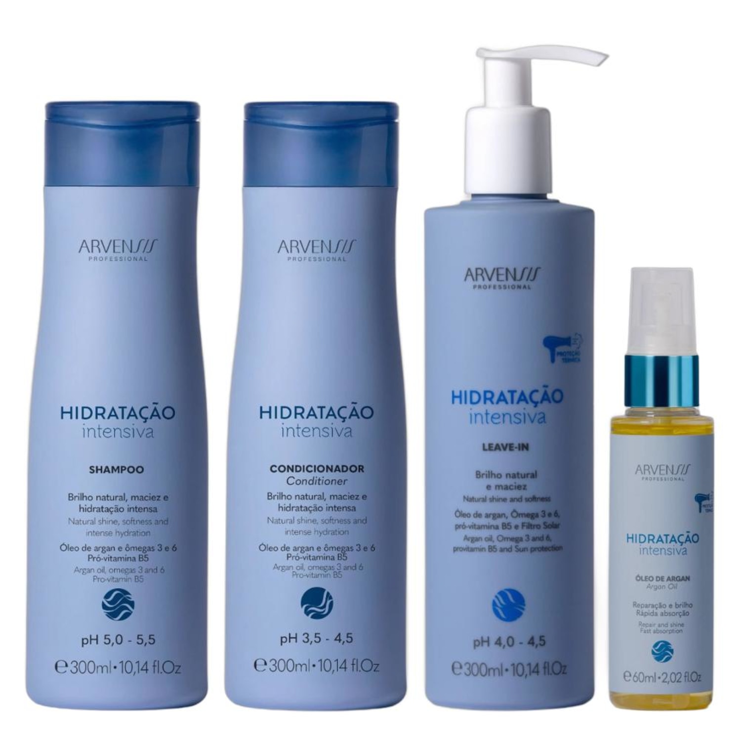 Kit Arvensis Hidratação Intensiva: Shampoo 300ml + Condicionador 300ml + Leave-in 300ml + Óleo 60ml