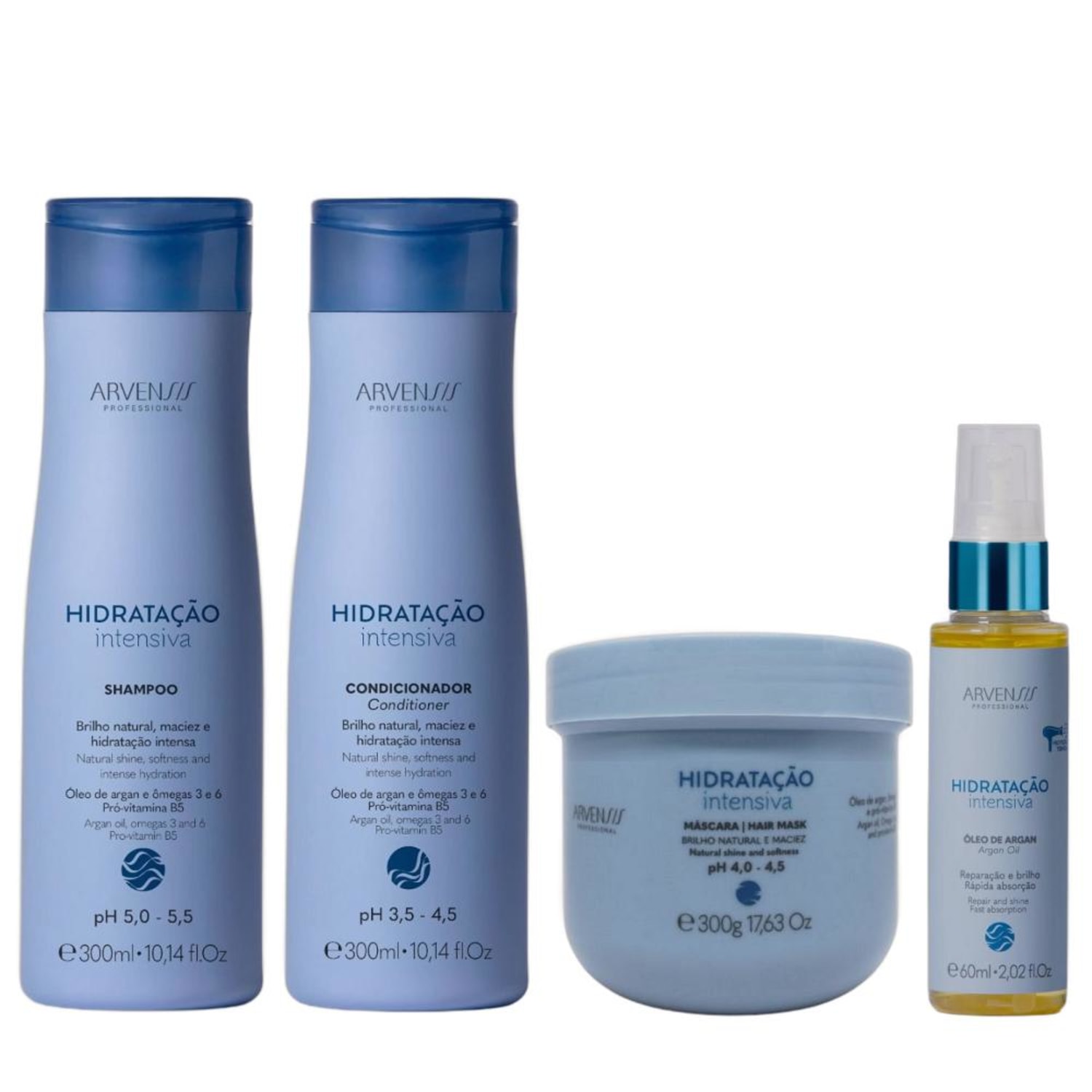 Kit Arvensis Hidratação Intensiva - Shampoo 300ml + Condicionador 300ml + Máscara 300ml + Óleo 60ml
