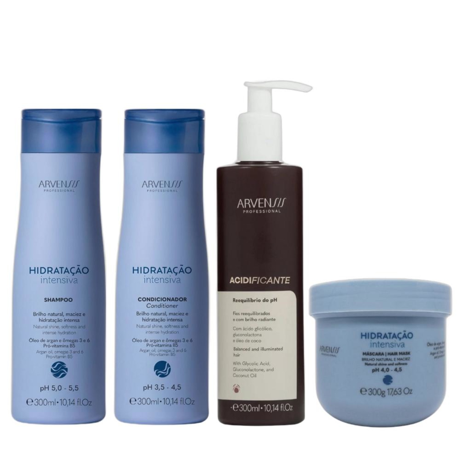 Kit Arvensis Hidratação Intensiva - Shampoo 300ml + Condicionador 300ml + Máscara 300ml + Acidificante 300ml