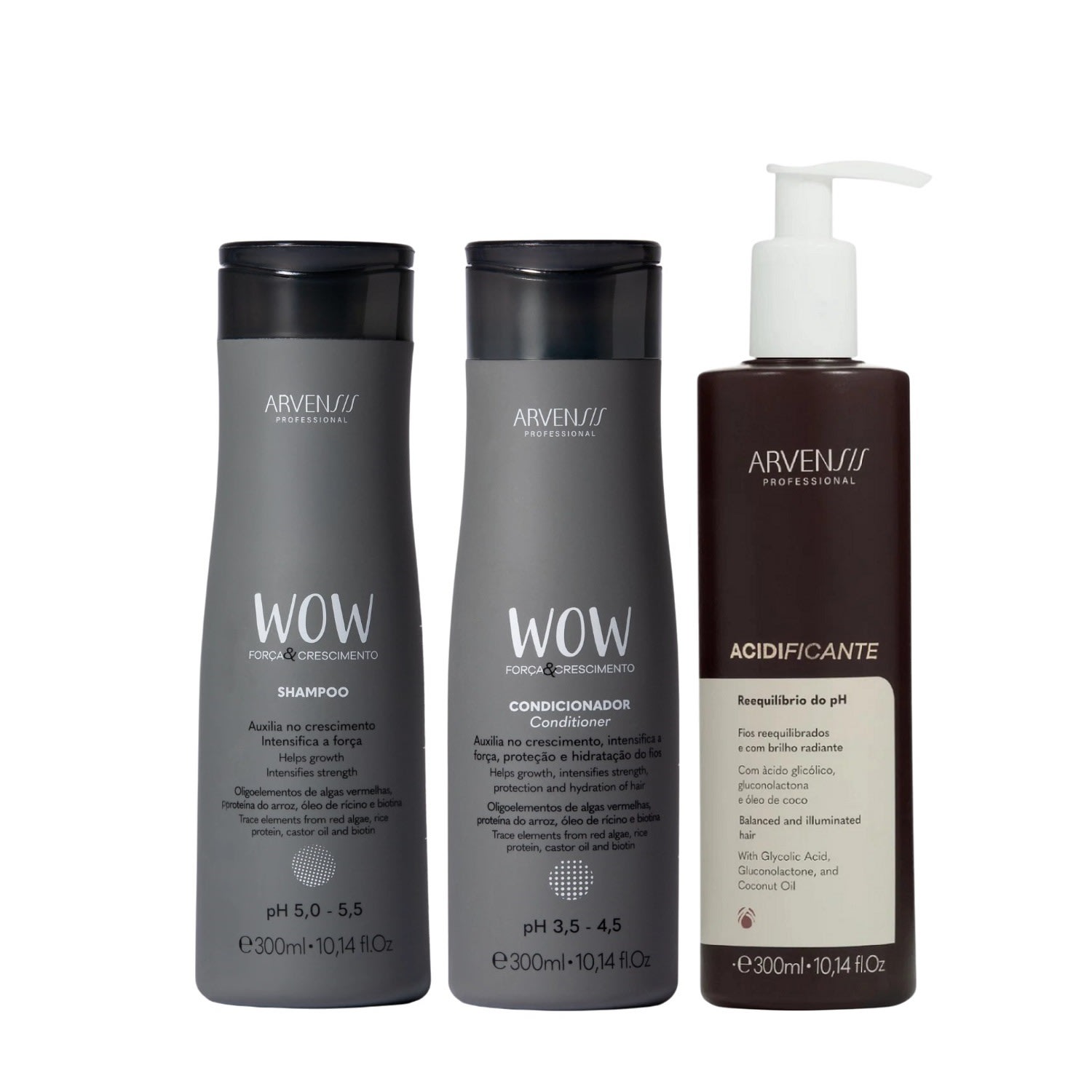Kit Arvensis WOW Força e Crescimento - Shampoo & Condicionador 300ml + pH Acidificante 300ml