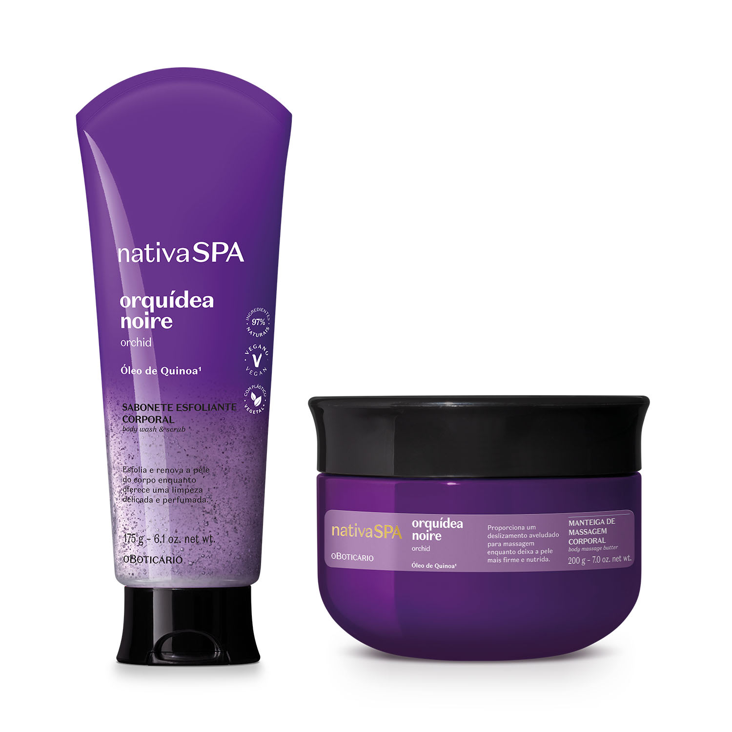 Combo Presente Nativa SPA Orquídea Noire: Sabonete Esfoliante 175g + Creme de Massagem Corporal 200g